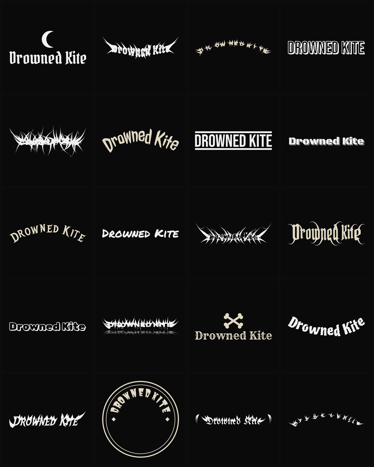 Twenty Drowned Kite band logo ideas — different faces, treatments and spike settings