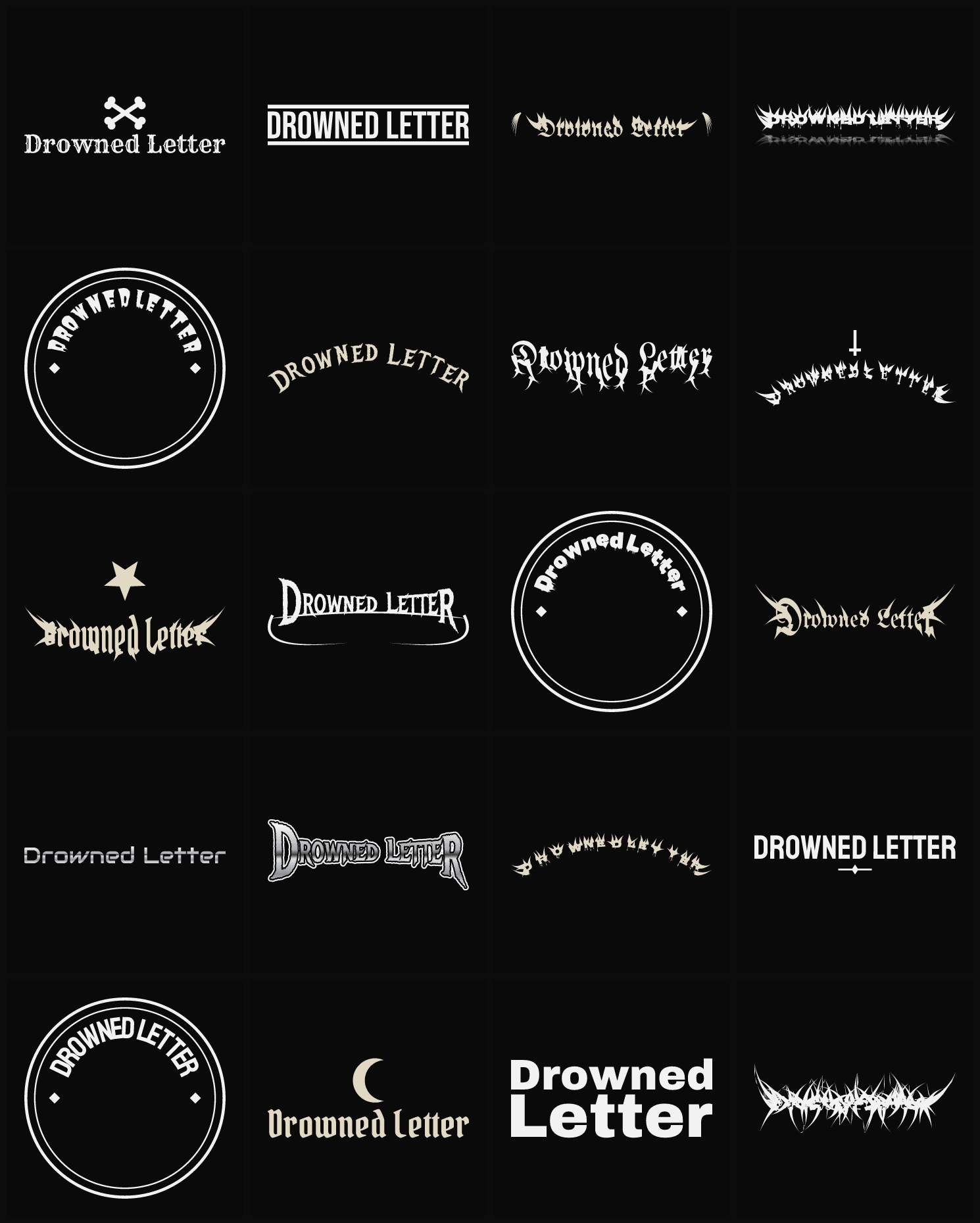Twenty Drowned Letter band logo ideas — different faces, treatments and spike settings