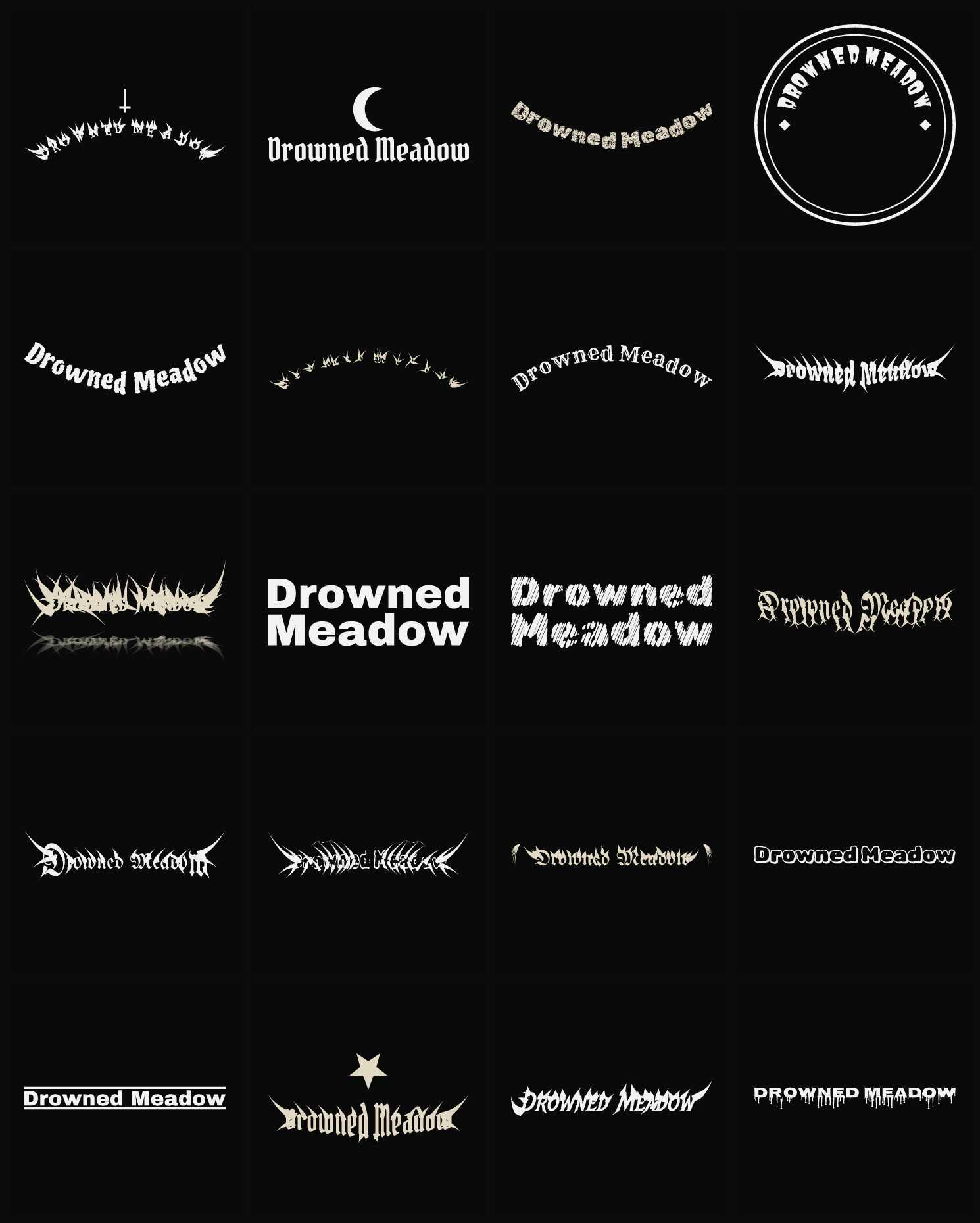 Twenty Drowned Meadow band logo ideas — different faces, treatments and spike settings