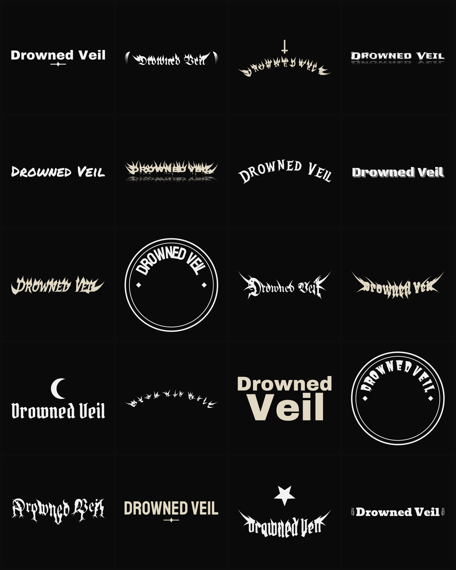 Twenty Drowned Veil band logo ideas — different faces, treatments and spike settings