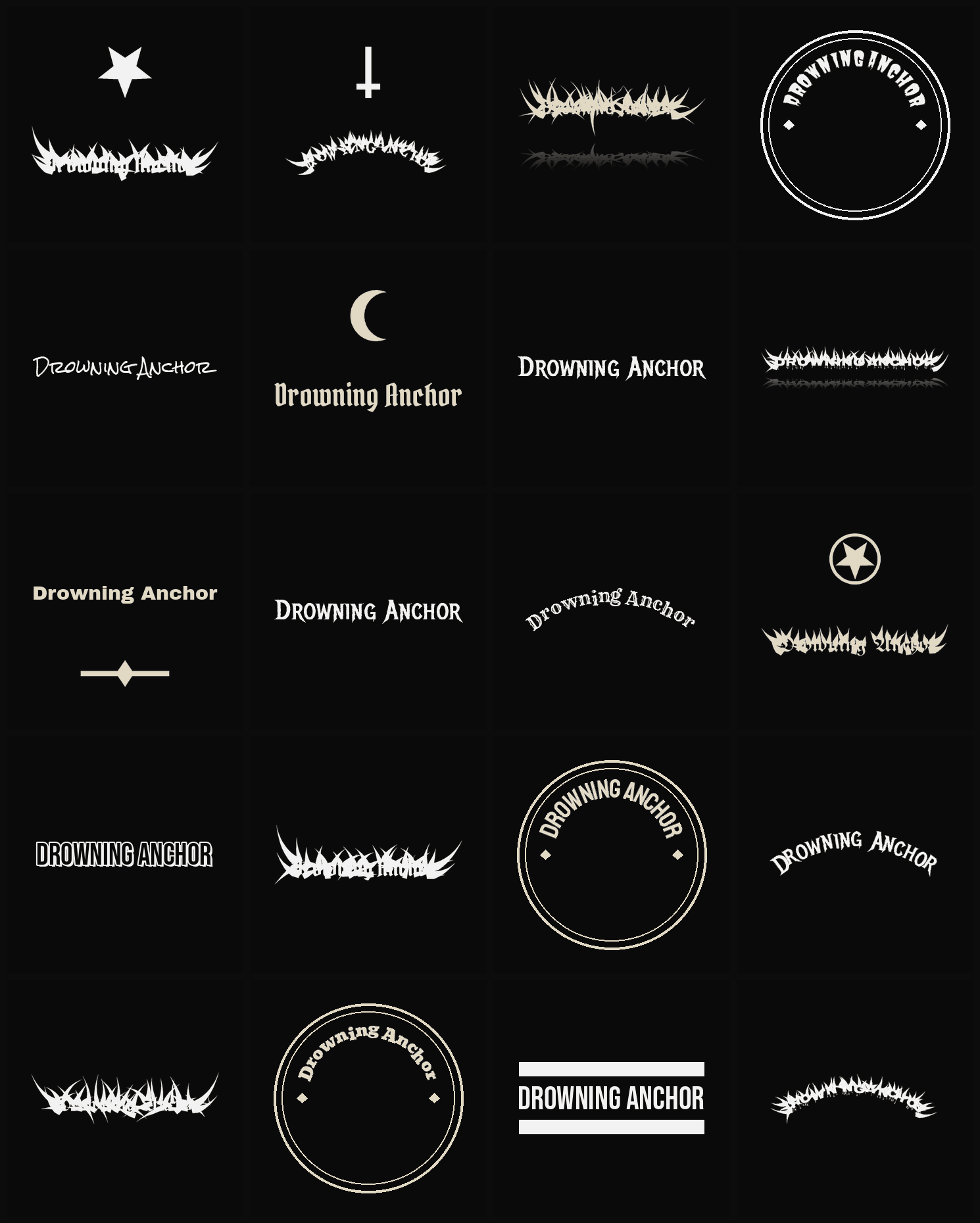 Twenty Drowning Anchor band logo ideas — different faces, treatments and spike settings