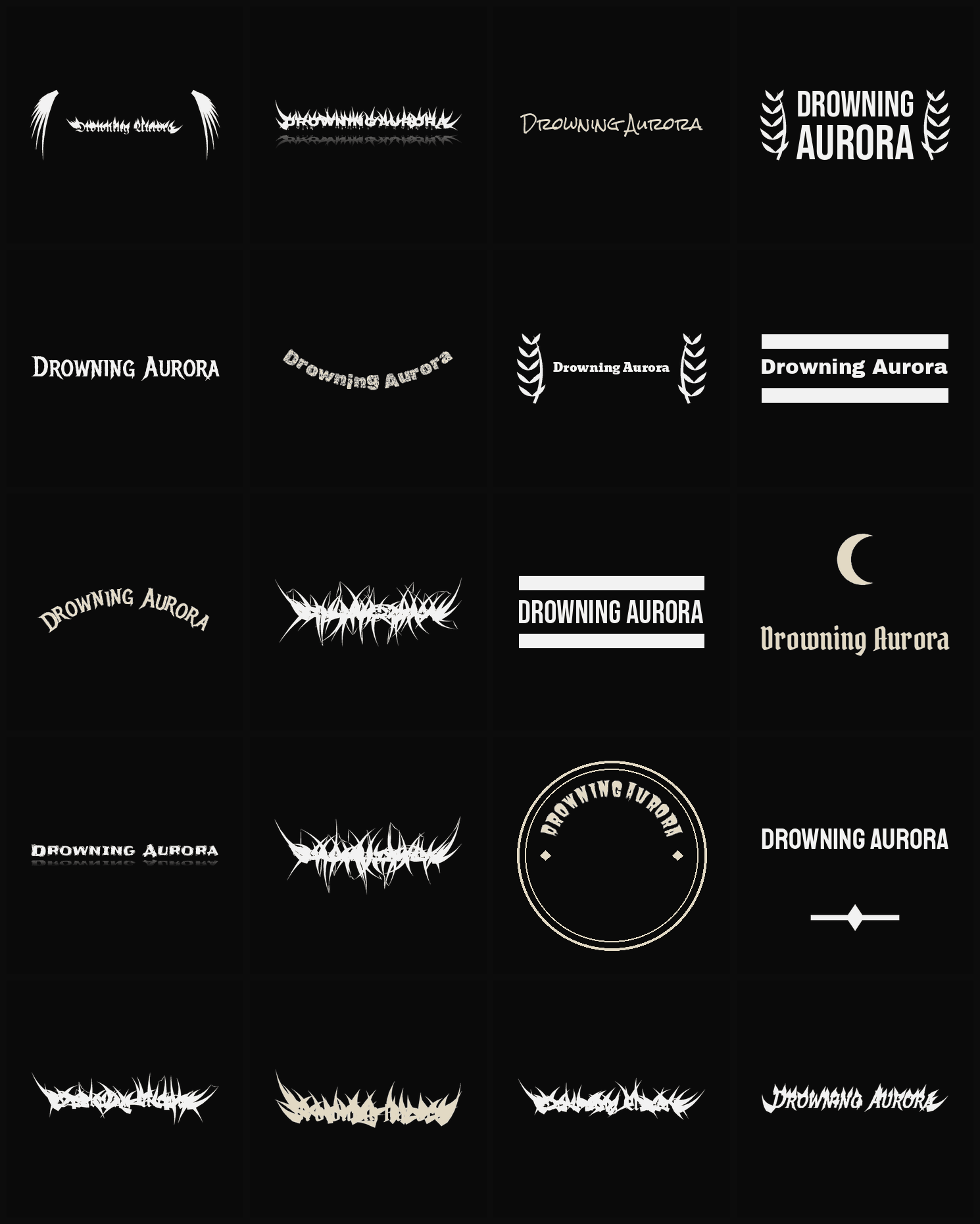 Twenty Drowning Aurora band logo ideas — different faces, treatments and spike settings