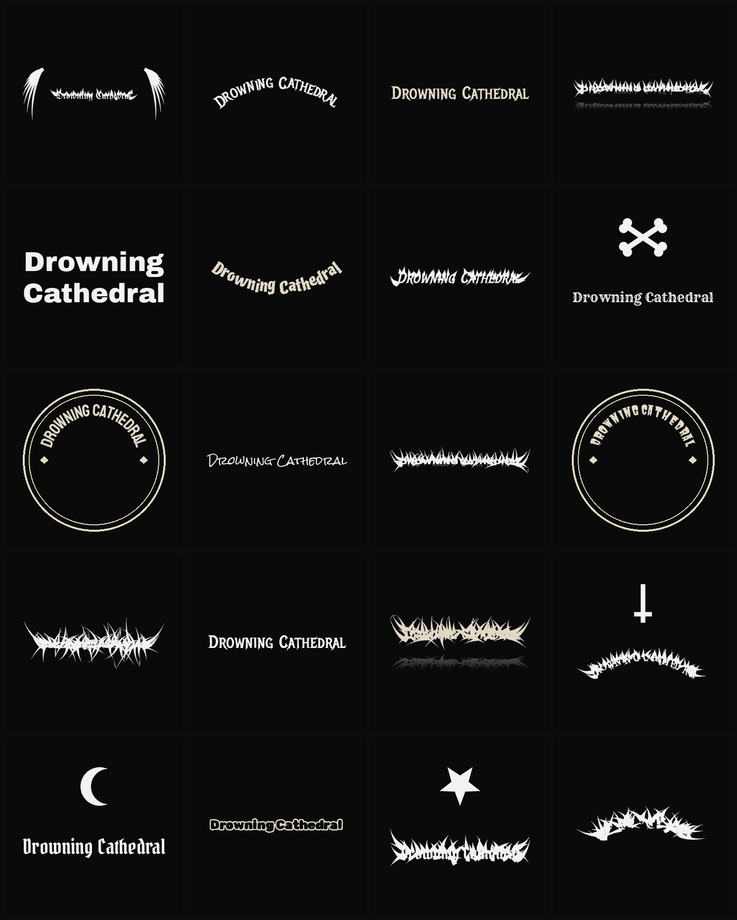 Twenty Drowning Cathedral band logo ideas — different faces, treatments and spike settings