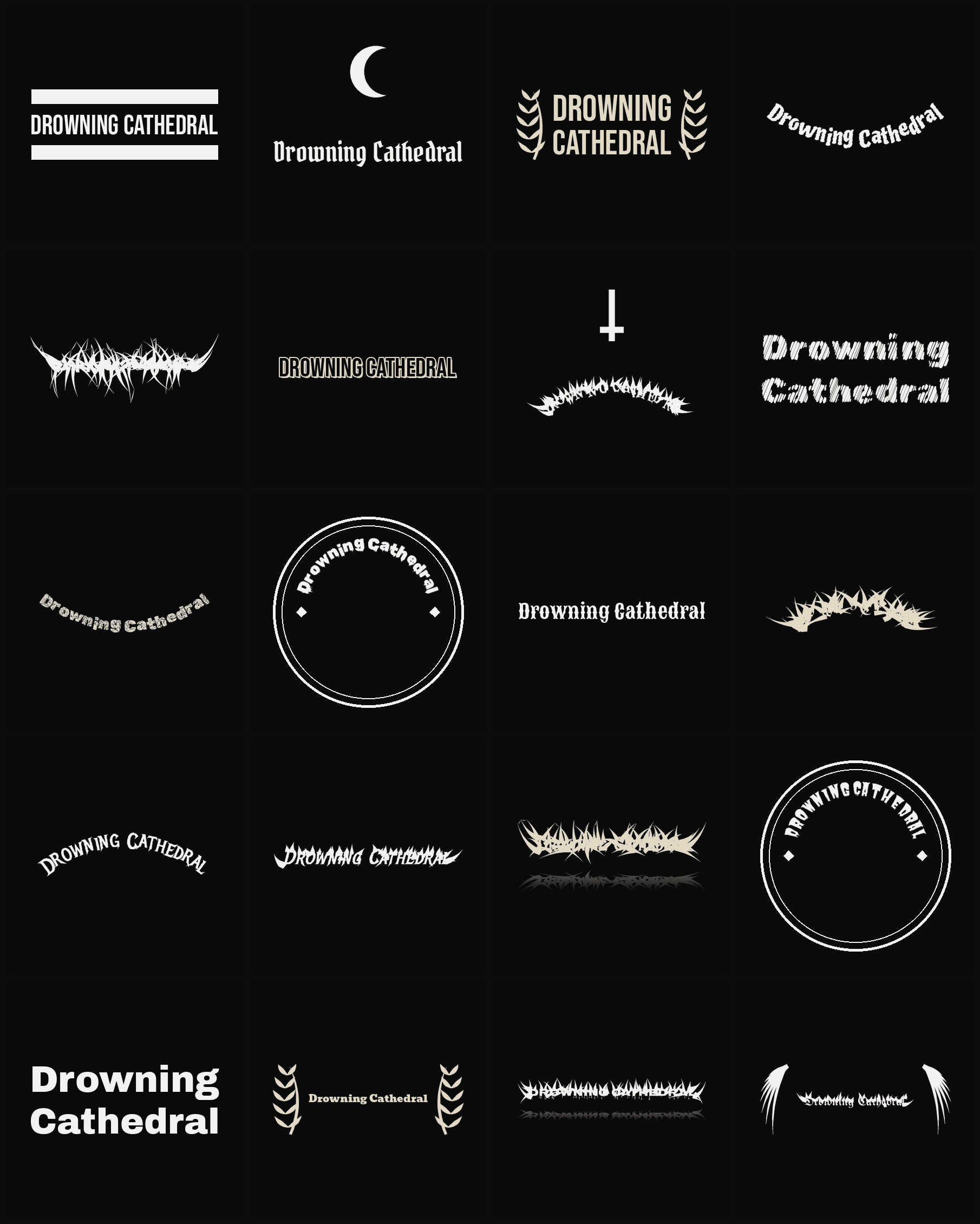 Twenty Drowning Cathedral band logo ideas — different faces, treatments and spike settings