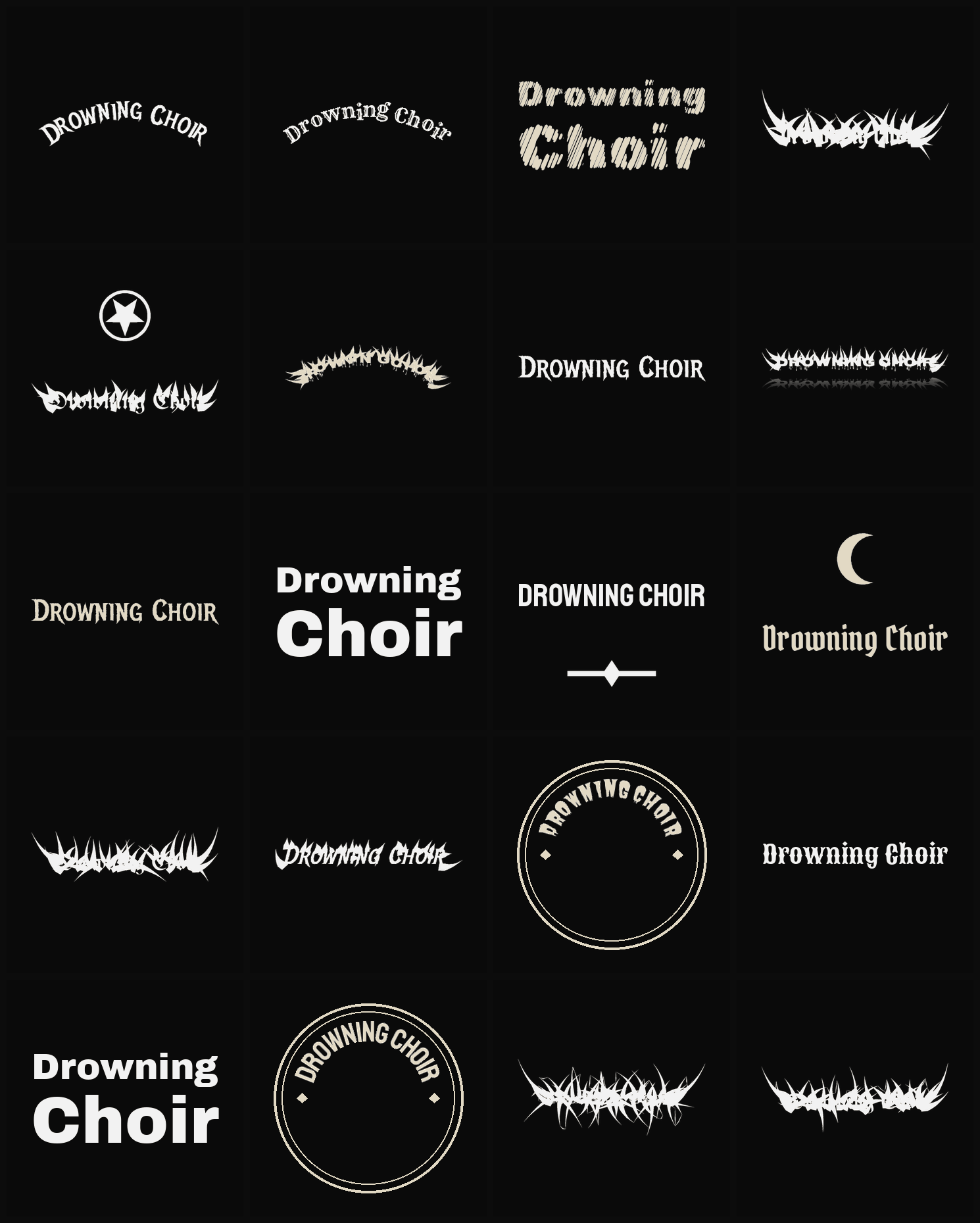 Twenty Drowning Choir band logo ideas — different faces, treatments and spike settings