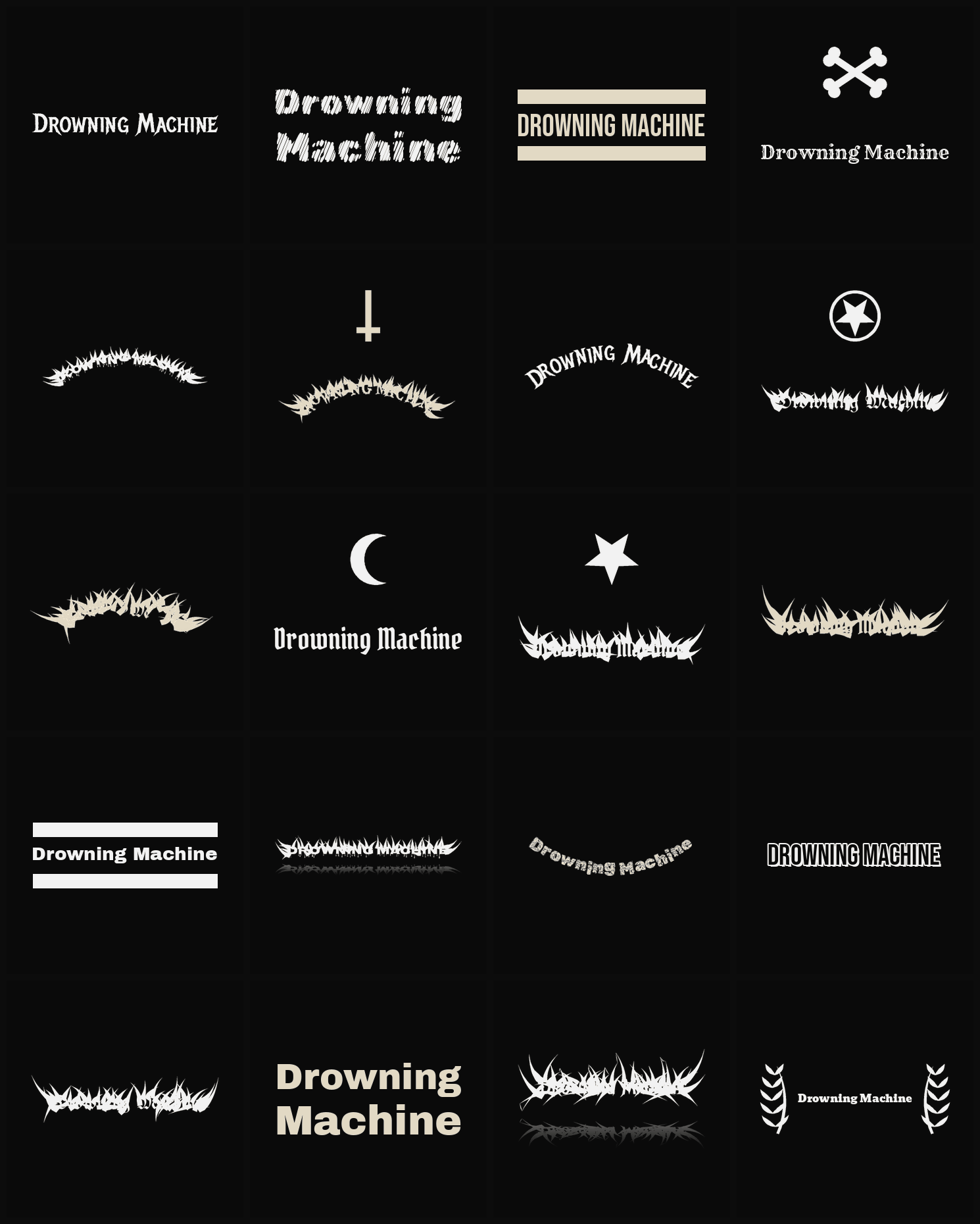 Twenty Drowning Machine band logo ideas — different faces, treatments and spike settings