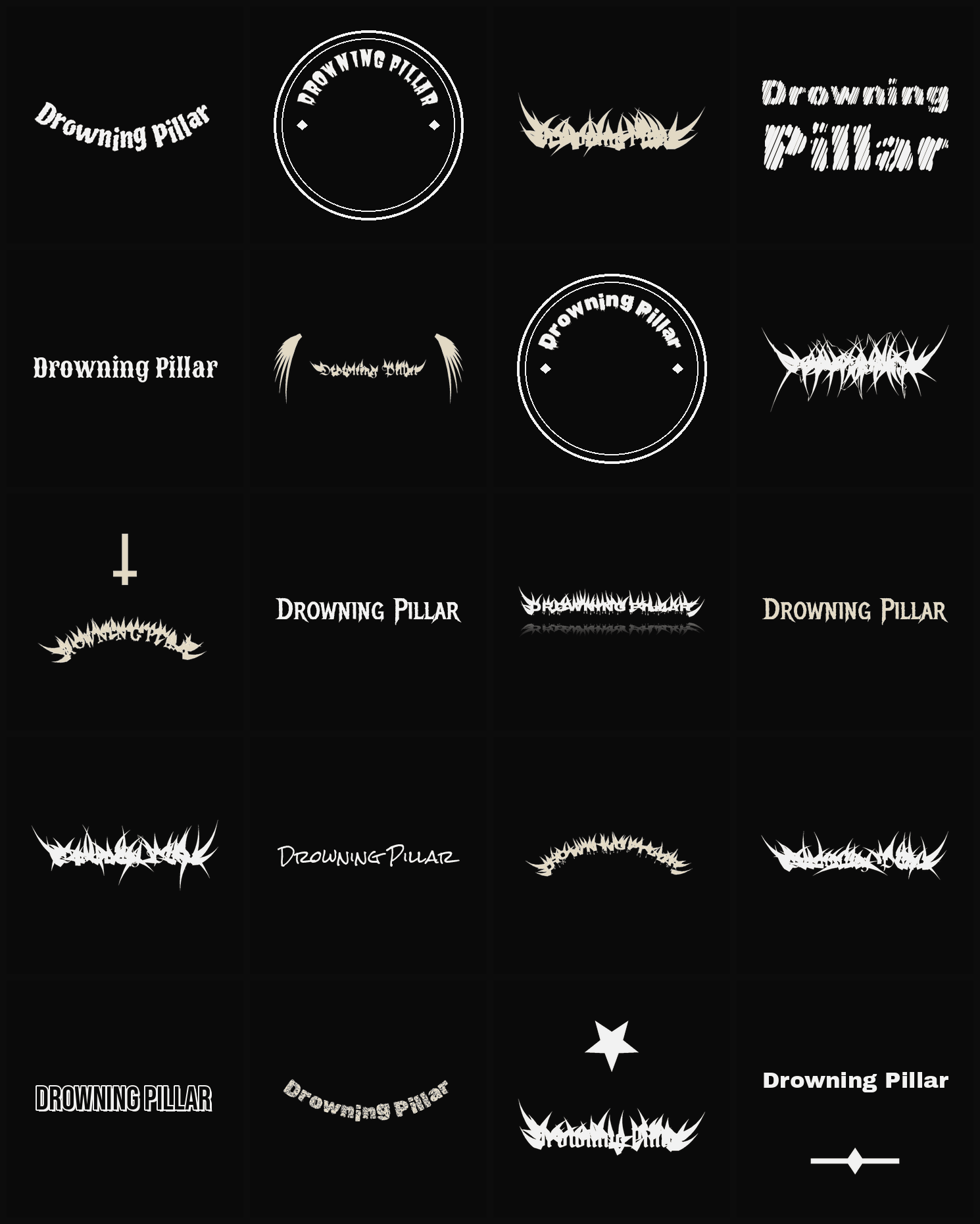 Twenty Drowning Pillar band logo ideas — different faces, treatments and spike settings