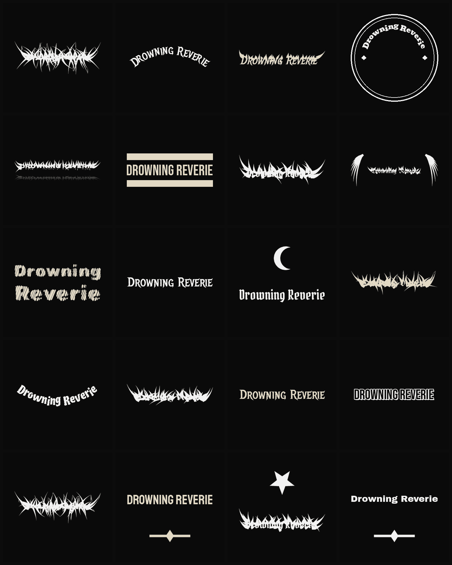 Twenty Drowning Reverie band logo ideas — different faces, treatments and spike settings