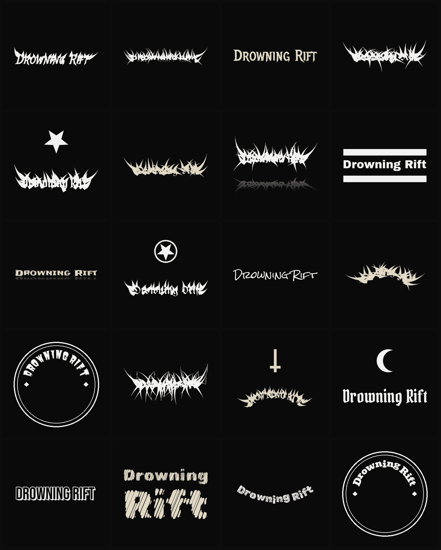 Twenty Drowning Rift band logo ideas — different faces, treatments and spike settings
