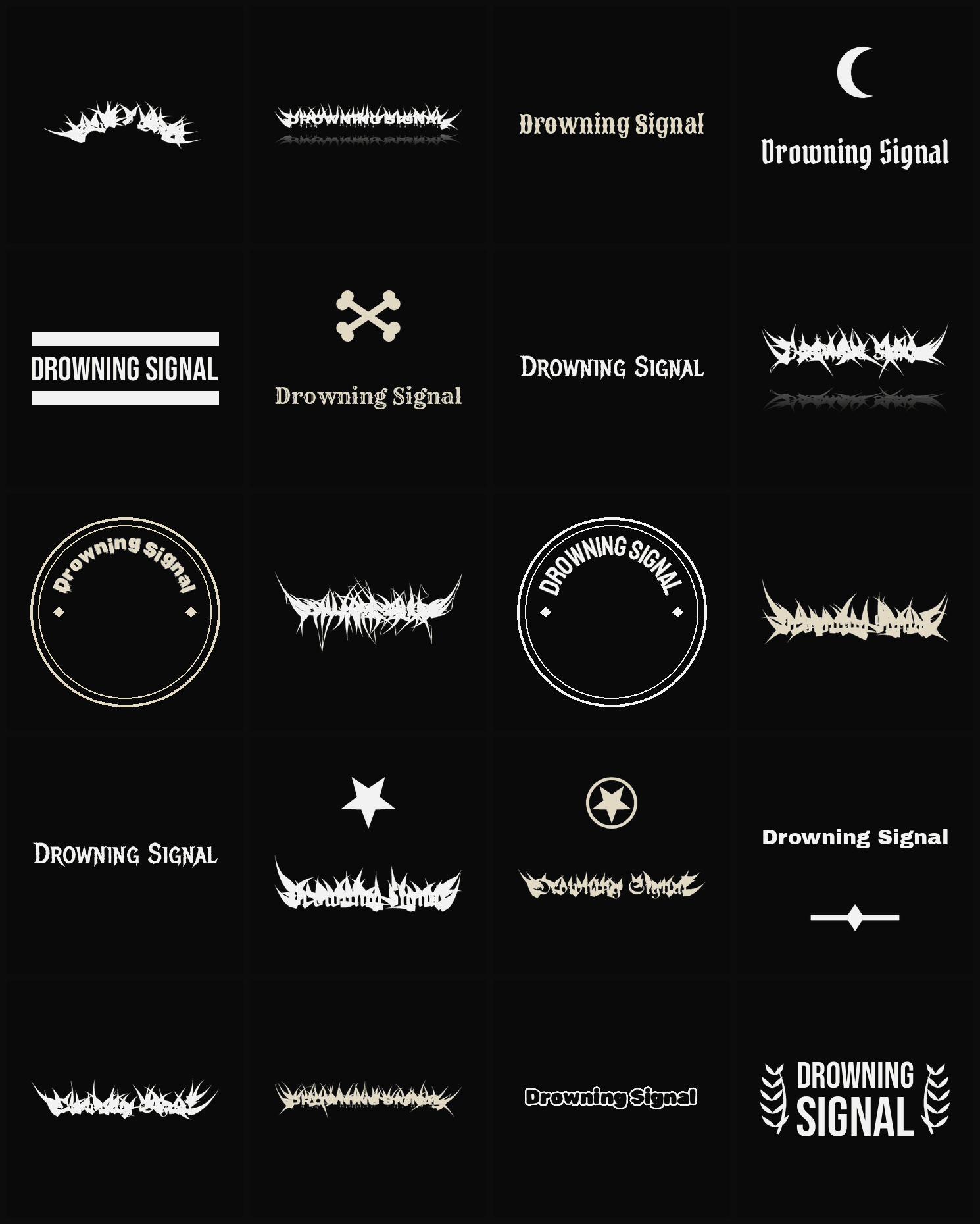 Twenty Drowning Signal band logo ideas — different faces, treatments and spike settings