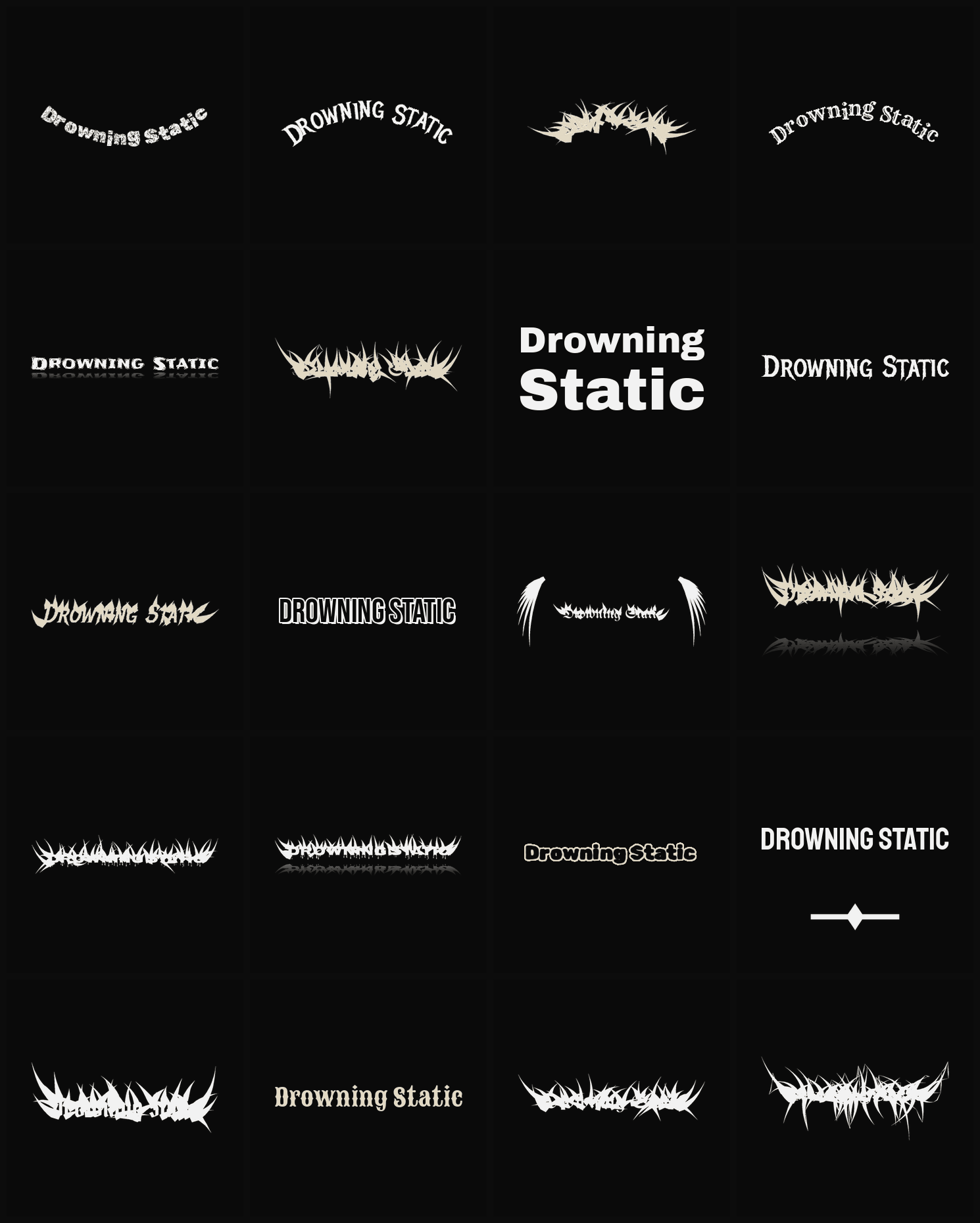 Twenty Drowning Static band logo ideas — different faces, treatments and spike settings
