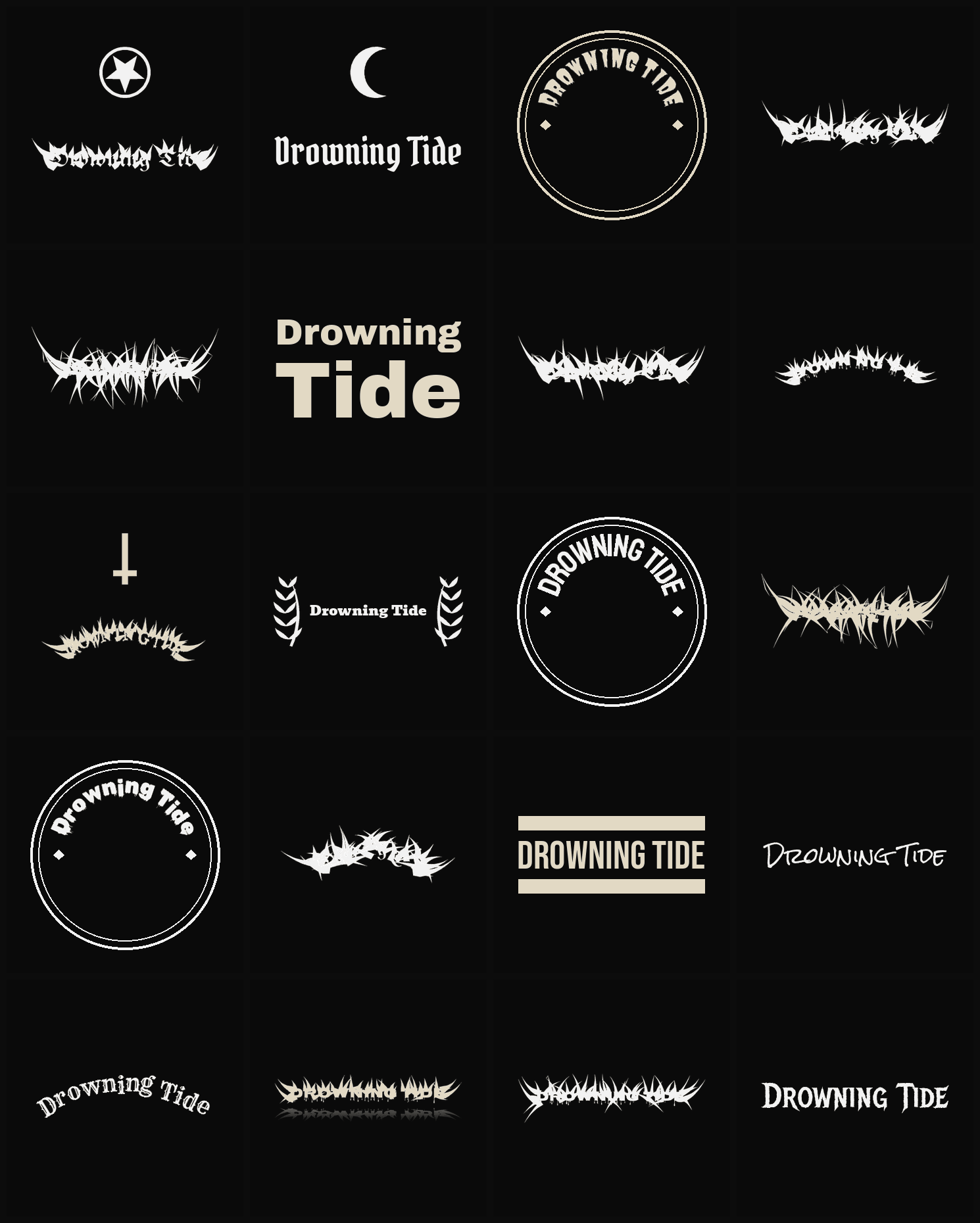 Twenty Drowning Tide band logo ideas — different faces, treatments and spike settings