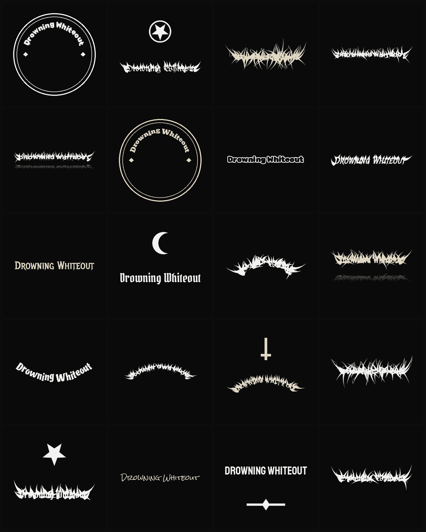Twenty Drowning Whiteout band logo ideas — different faces, treatments and spike settings