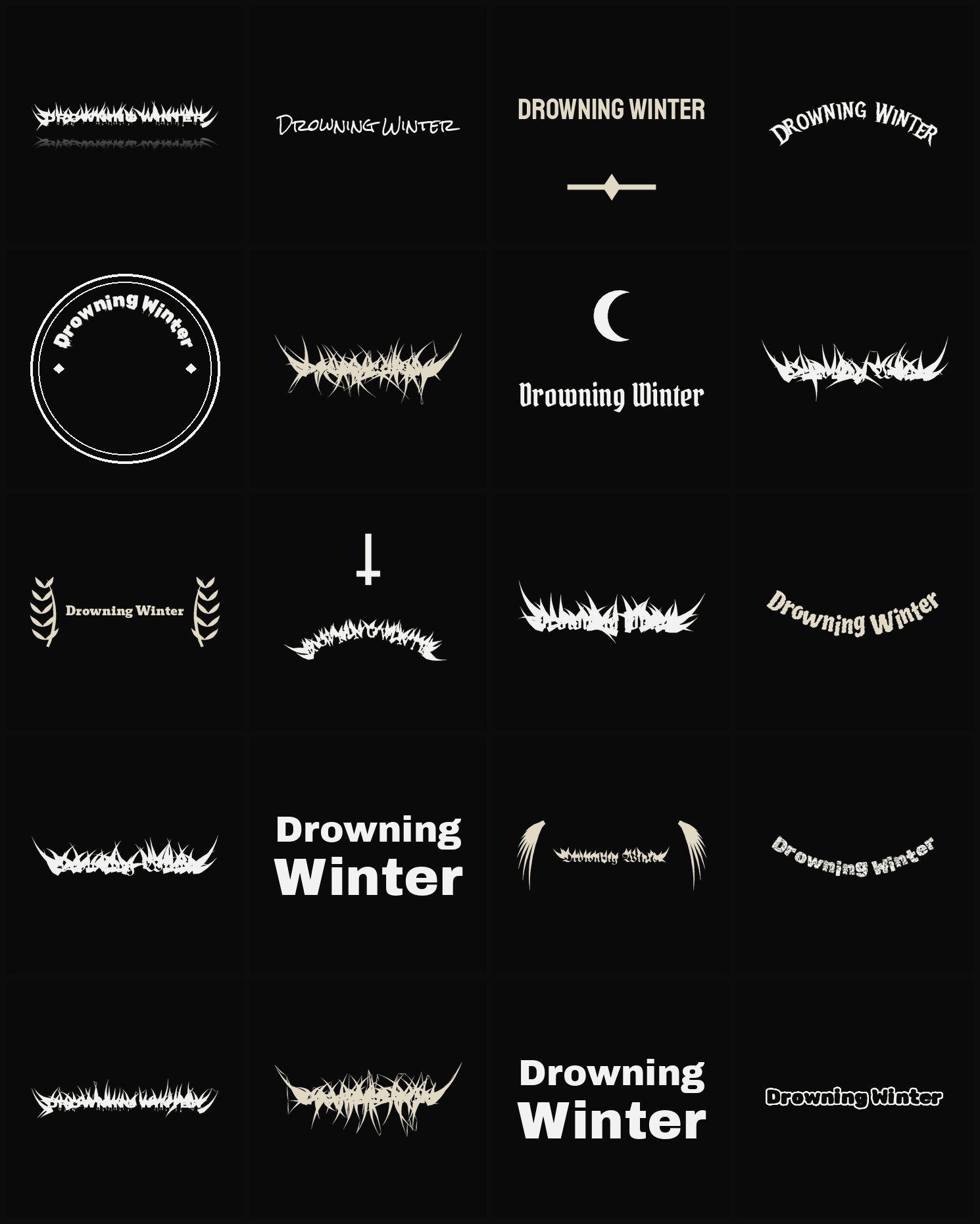 Twenty Drowning Winter band logo ideas — different faces, treatments and spike settings