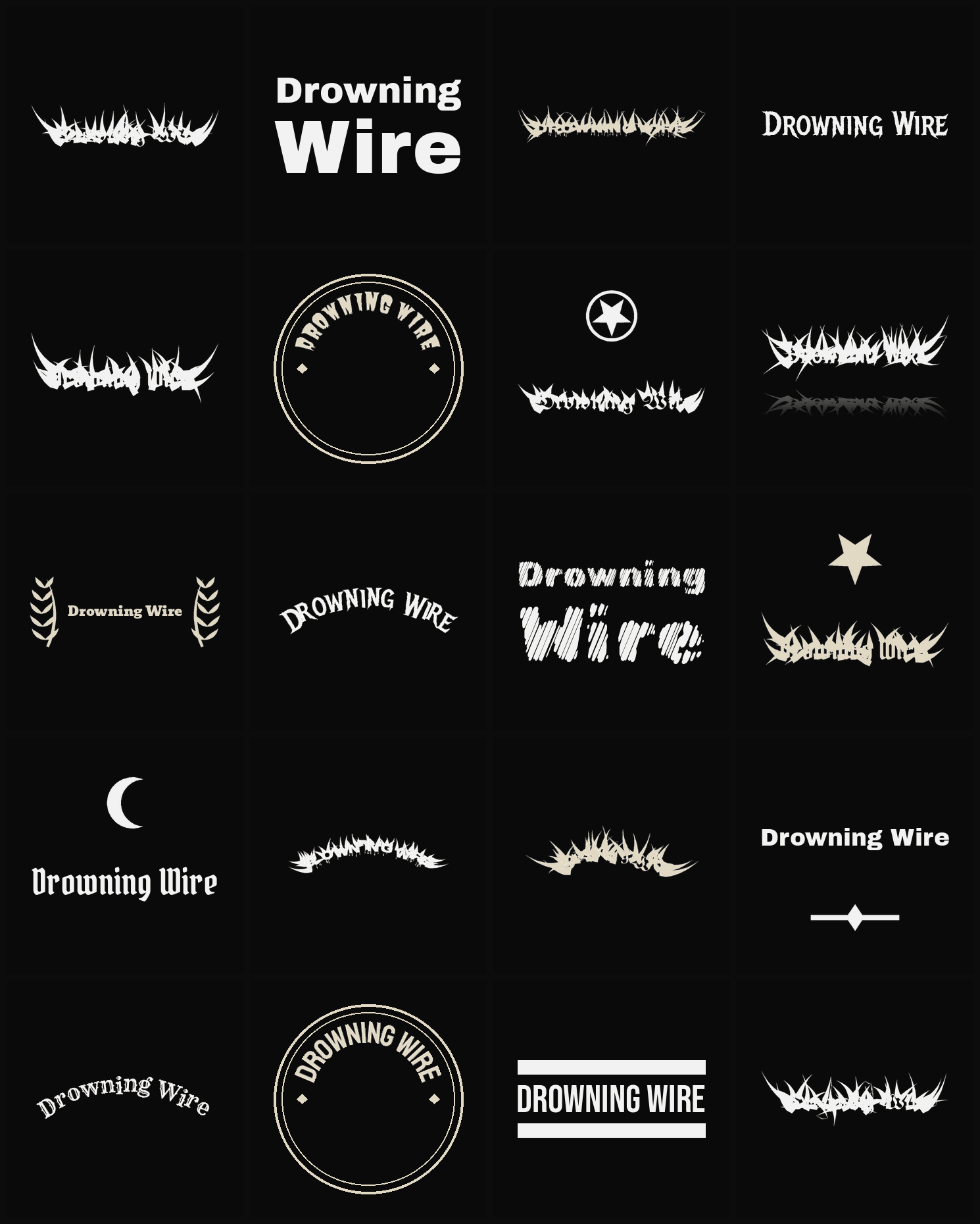 Twenty Drowning Wire band logo ideas — different faces, treatments and spike settings