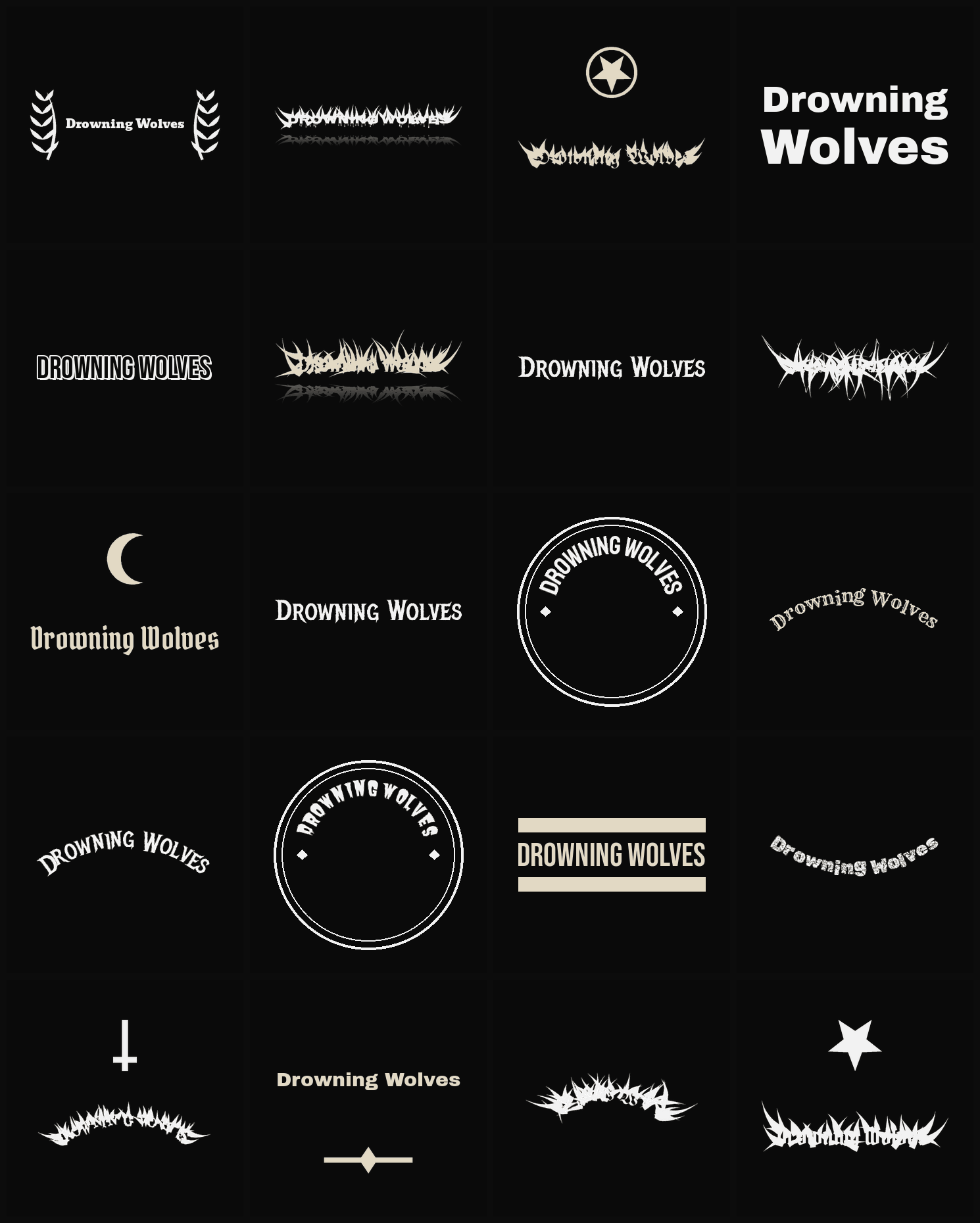 Twenty Drowning Wolves band logo ideas — different faces, treatments and spike settings