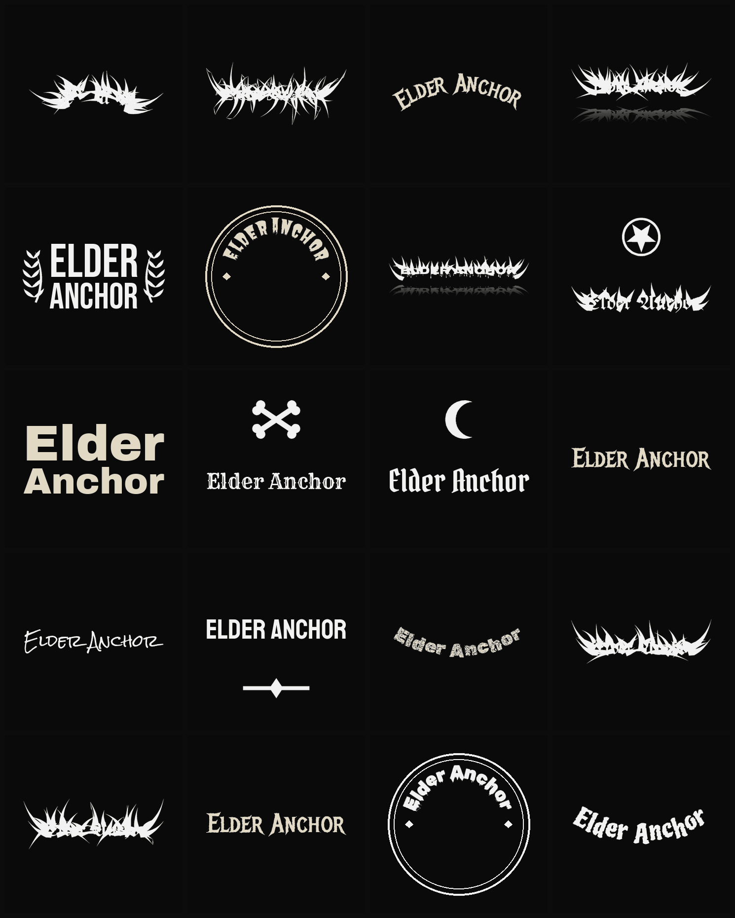 Twenty Elder Anchor band logo ideas — different faces, treatments and spike settings
