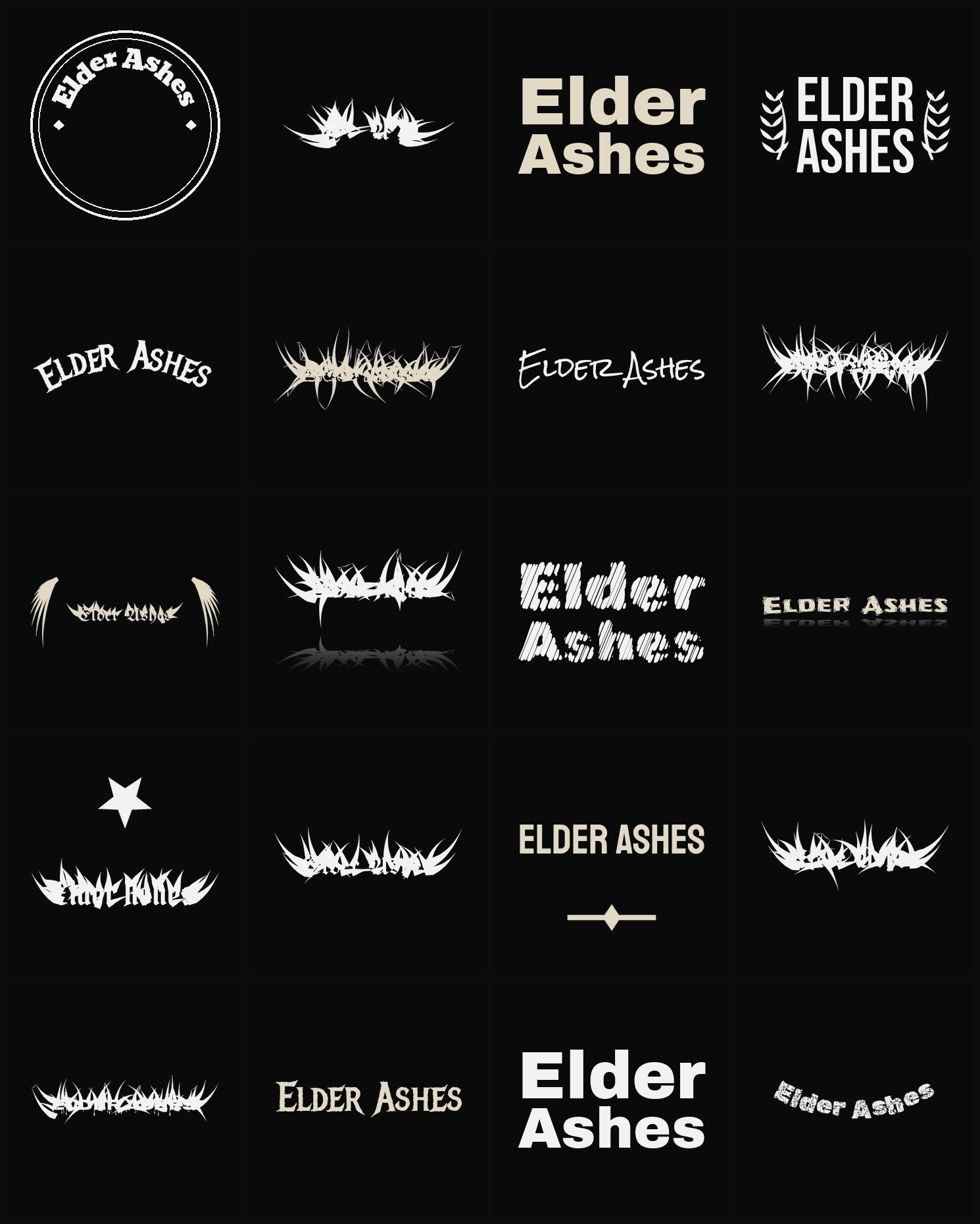 Twenty Elder Ashes band logo ideas — different faces, treatments and spike settings