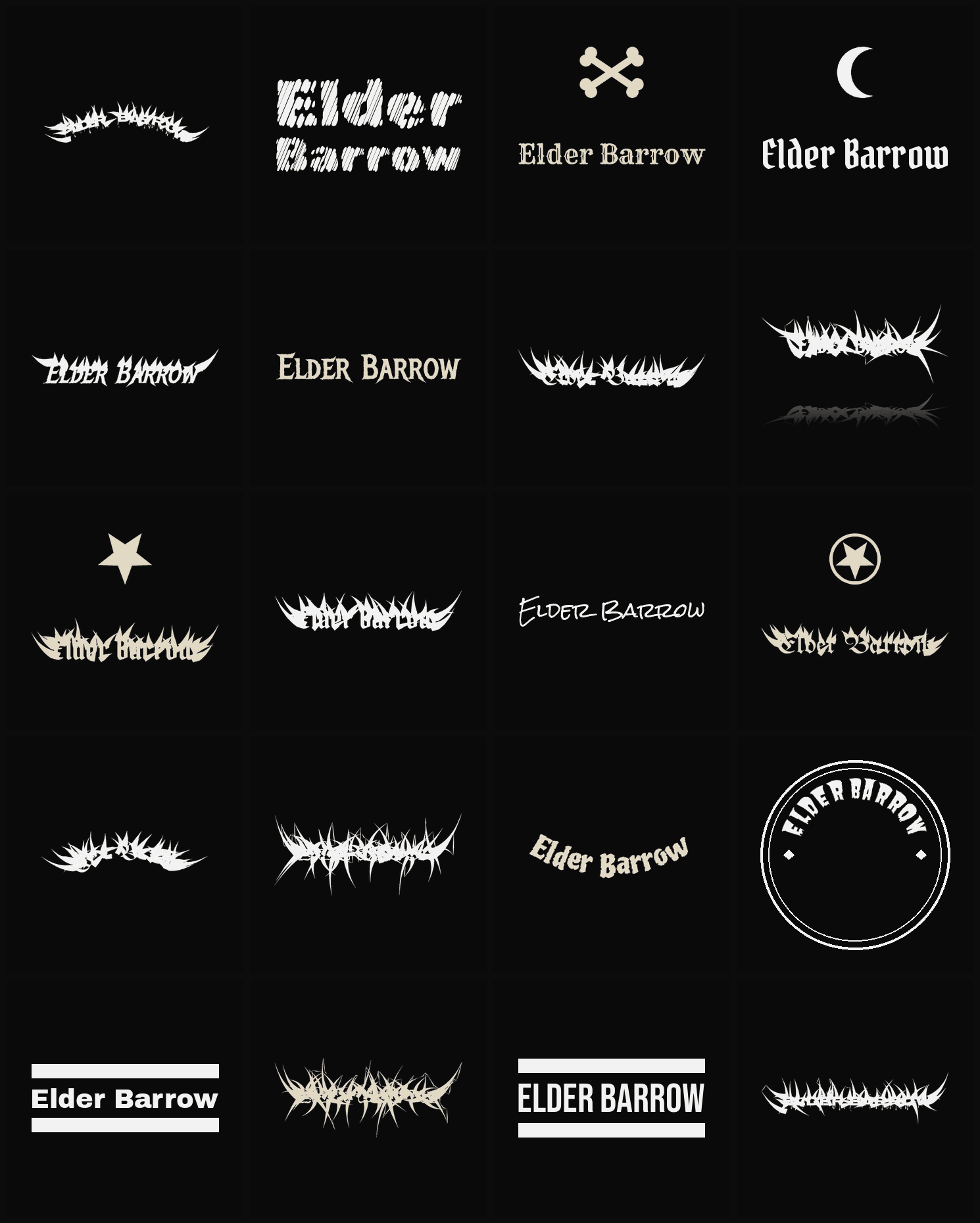 Twenty Elder Barrow band logo ideas — different faces, treatments and spike settings