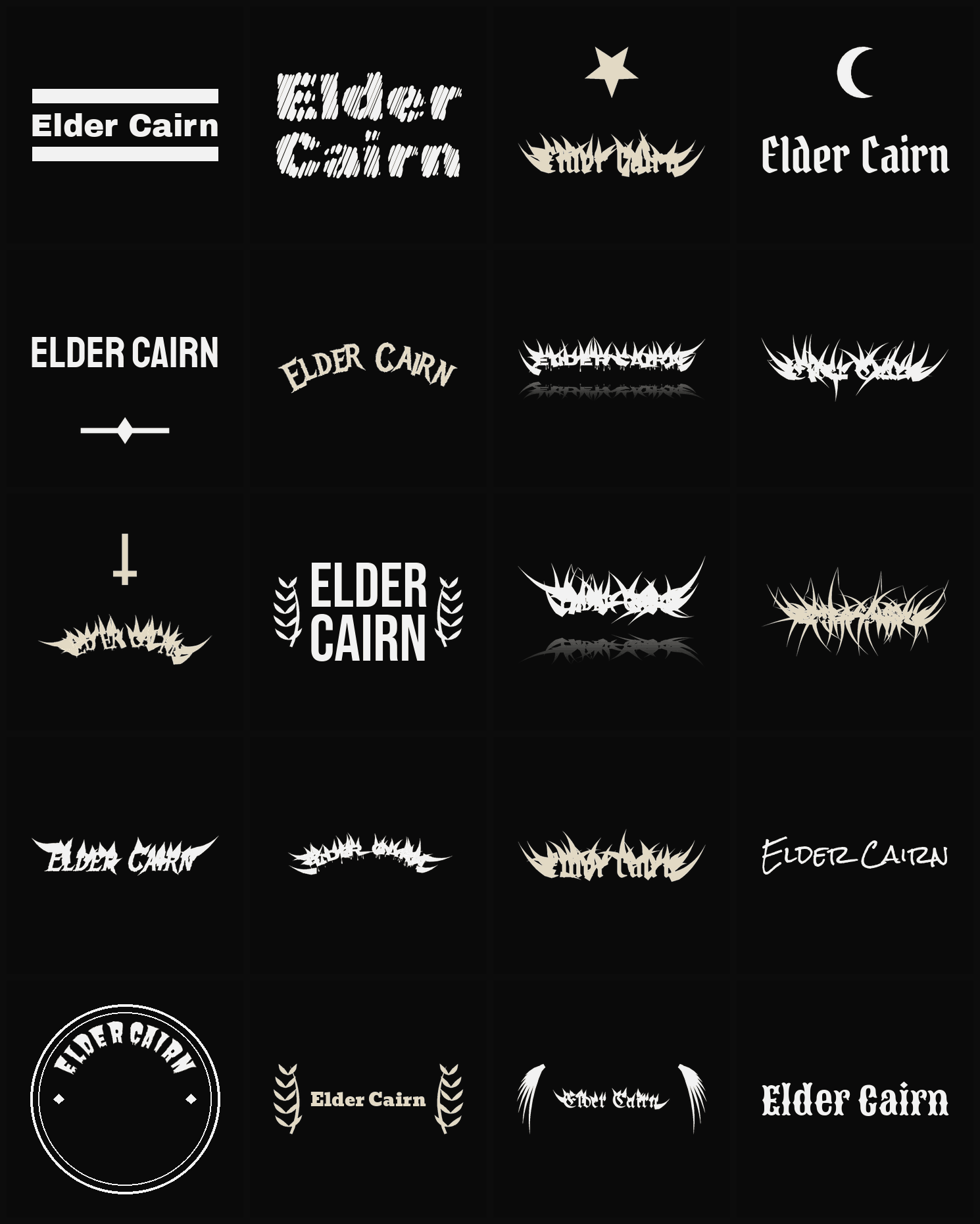 Twenty Elder Cairn band logo ideas — different faces, treatments and spike settings