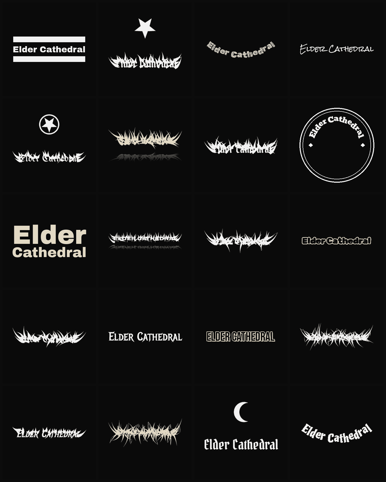 Twenty Elder Cathedral band logo ideas — different faces, treatments and spike settings