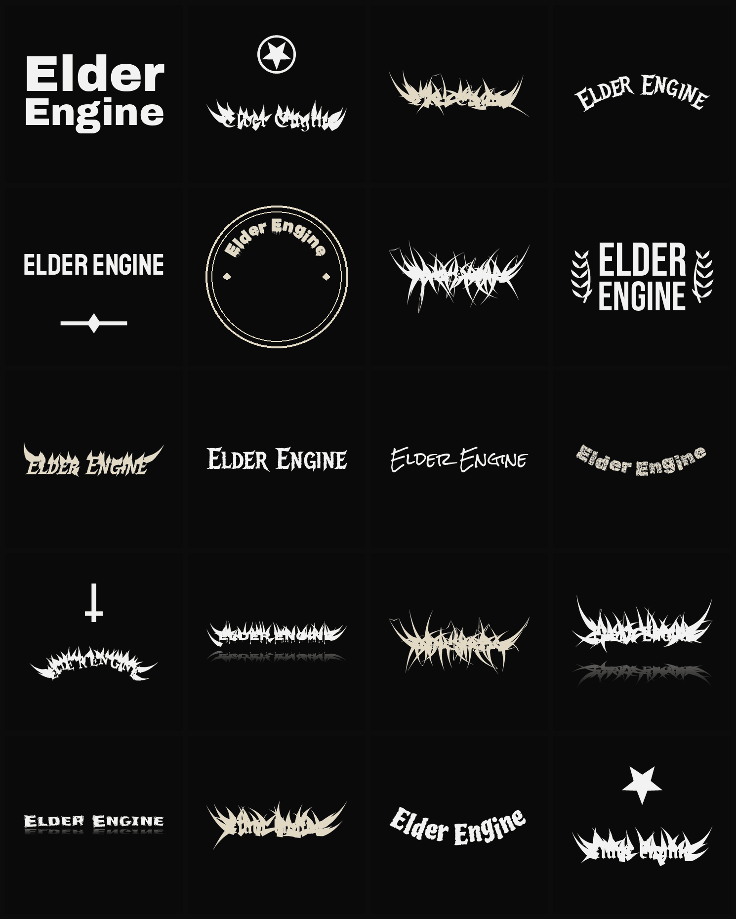 Twenty Elder Engine band logo ideas — different faces, treatments and spike settings