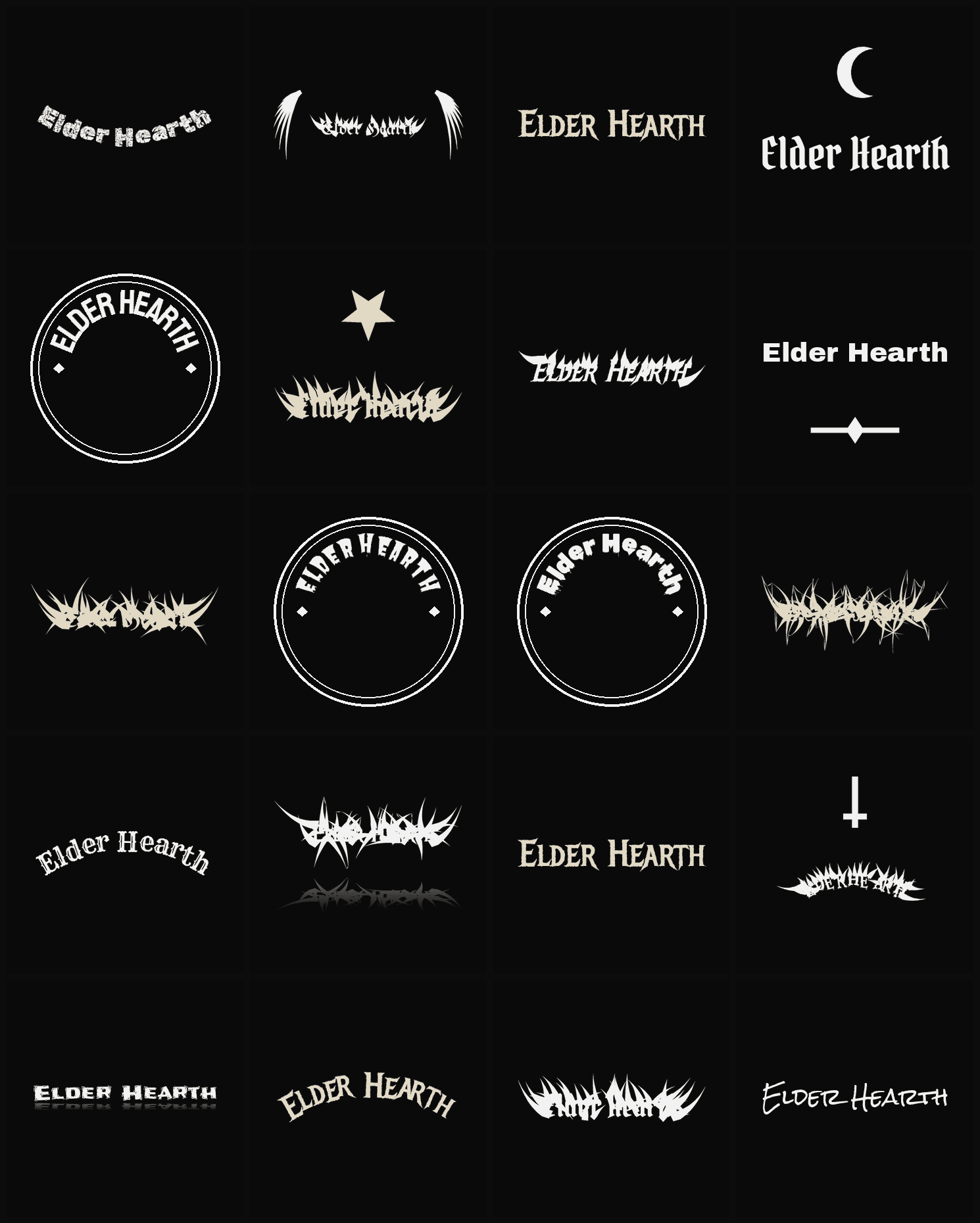 Twenty Elder Hearth band logo ideas — different faces, treatments and spike settings