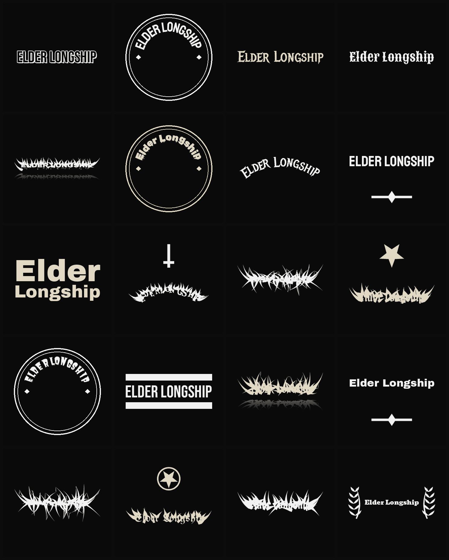 Twenty Elder Longship band logo ideas — different faces, treatments and spike settings