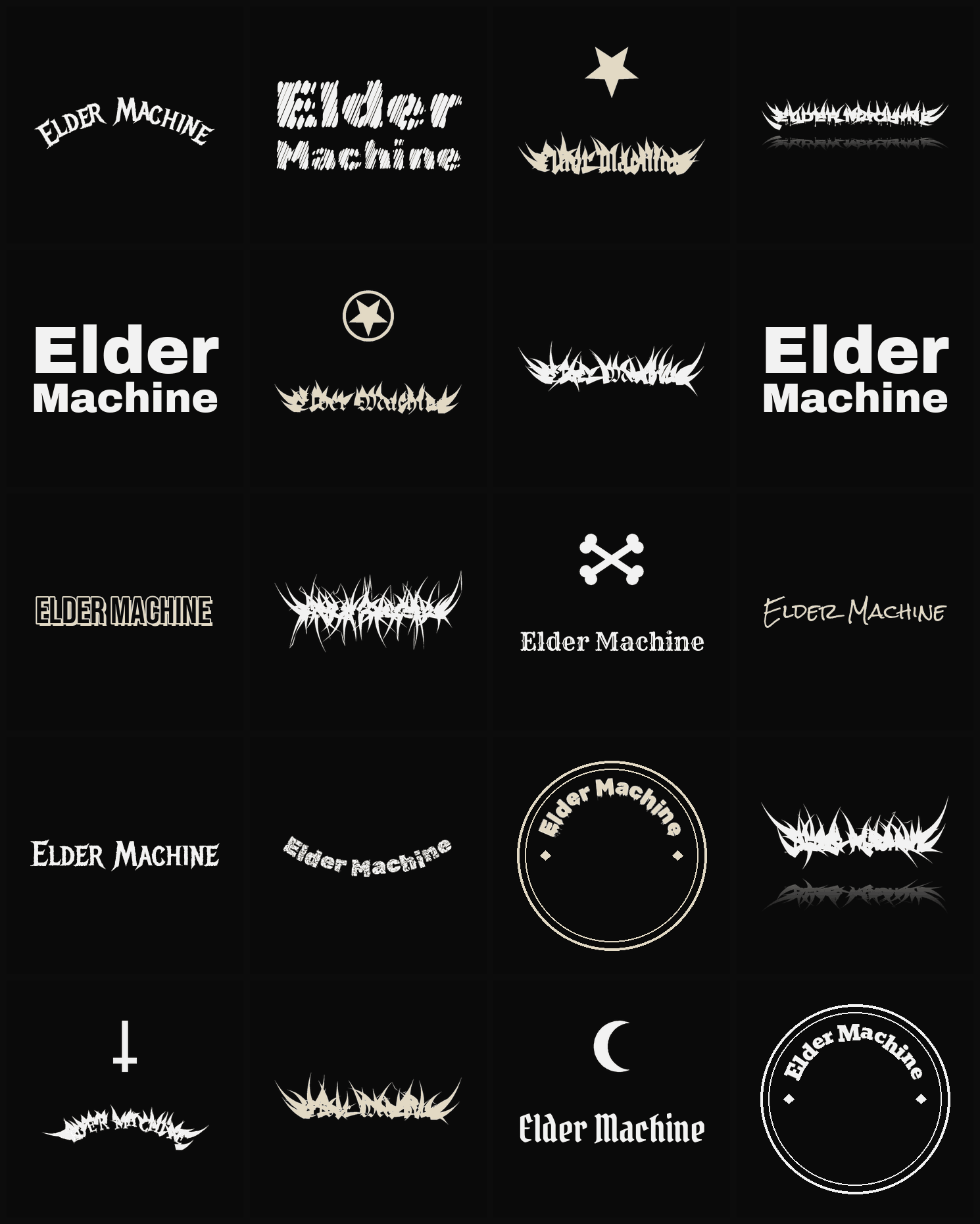Twenty Elder Machine band logo ideas — different faces, treatments and spike settings
