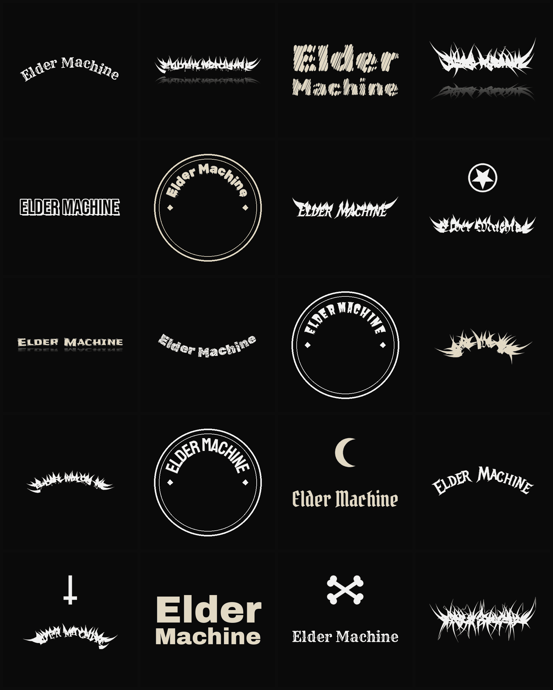 Twenty Elder Machine band logo ideas — different faces, treatments and spike settings