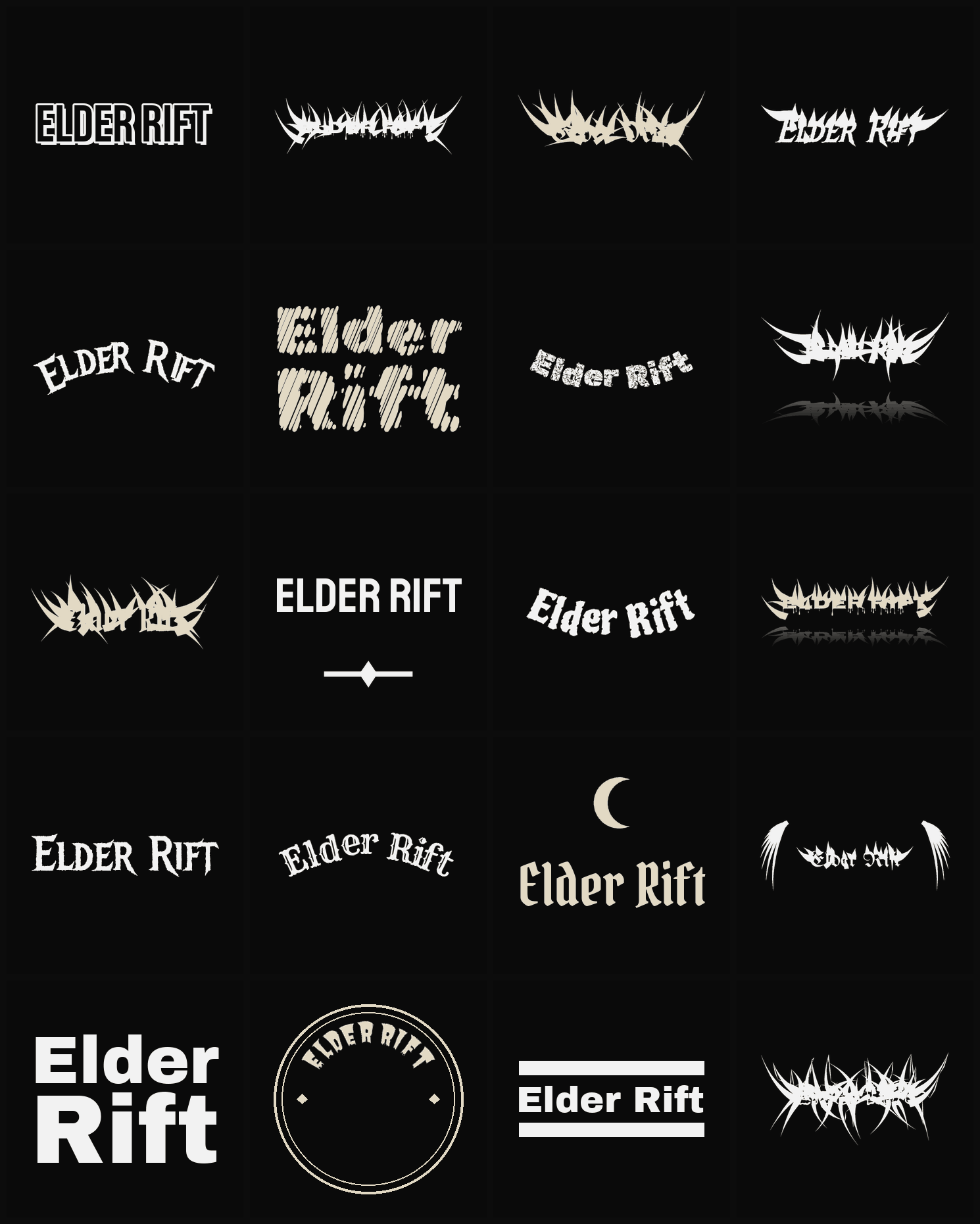 Twenty Elder Rift band logo ideas — different faces, treatments and spike settings