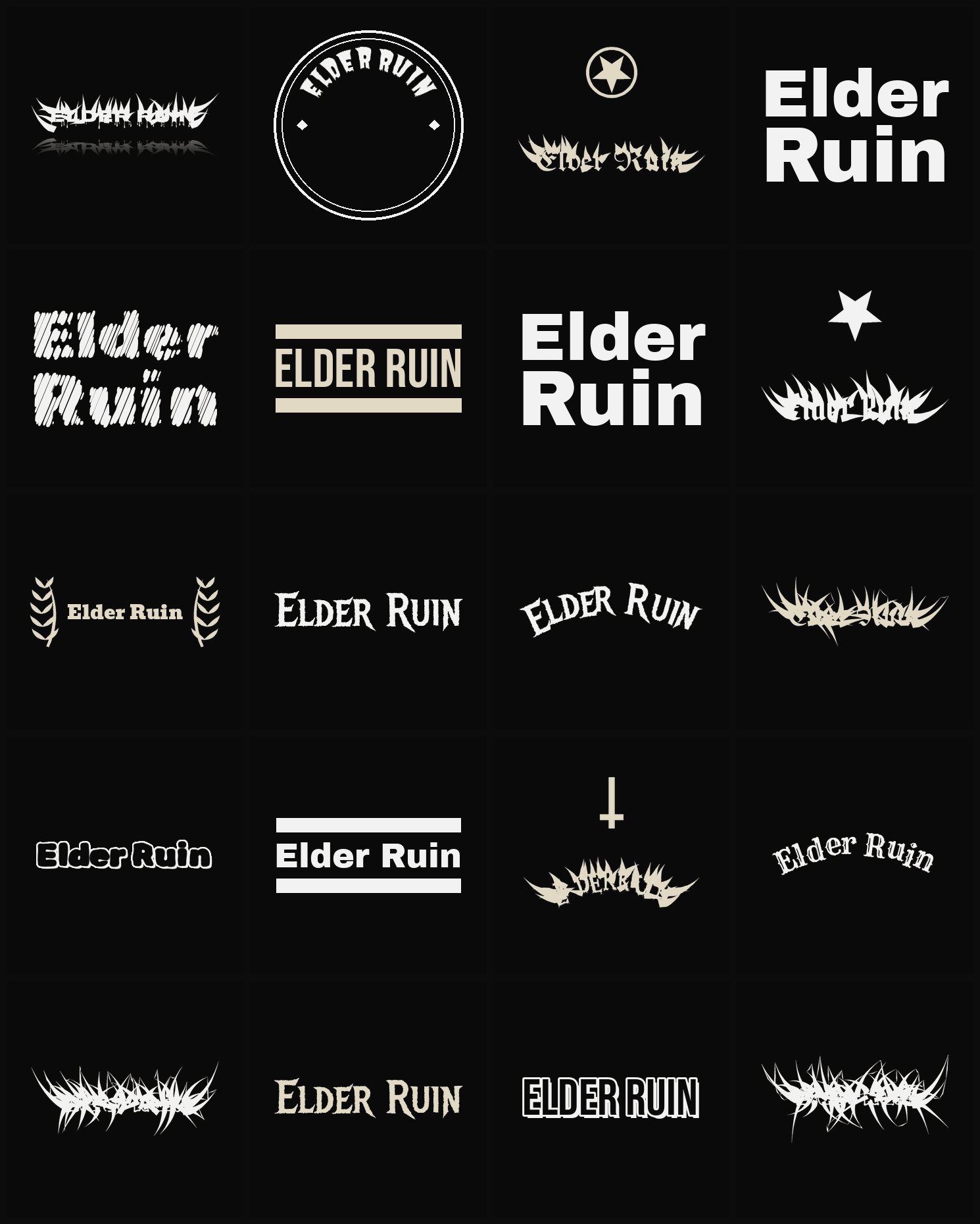 Twenty Elder Ruin band logo ideas — different faces, treatments and spike settings