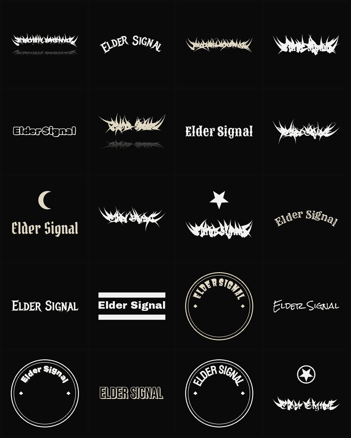 Twenty Elder Signal band logo ideas — different faces, treatments and spike settings