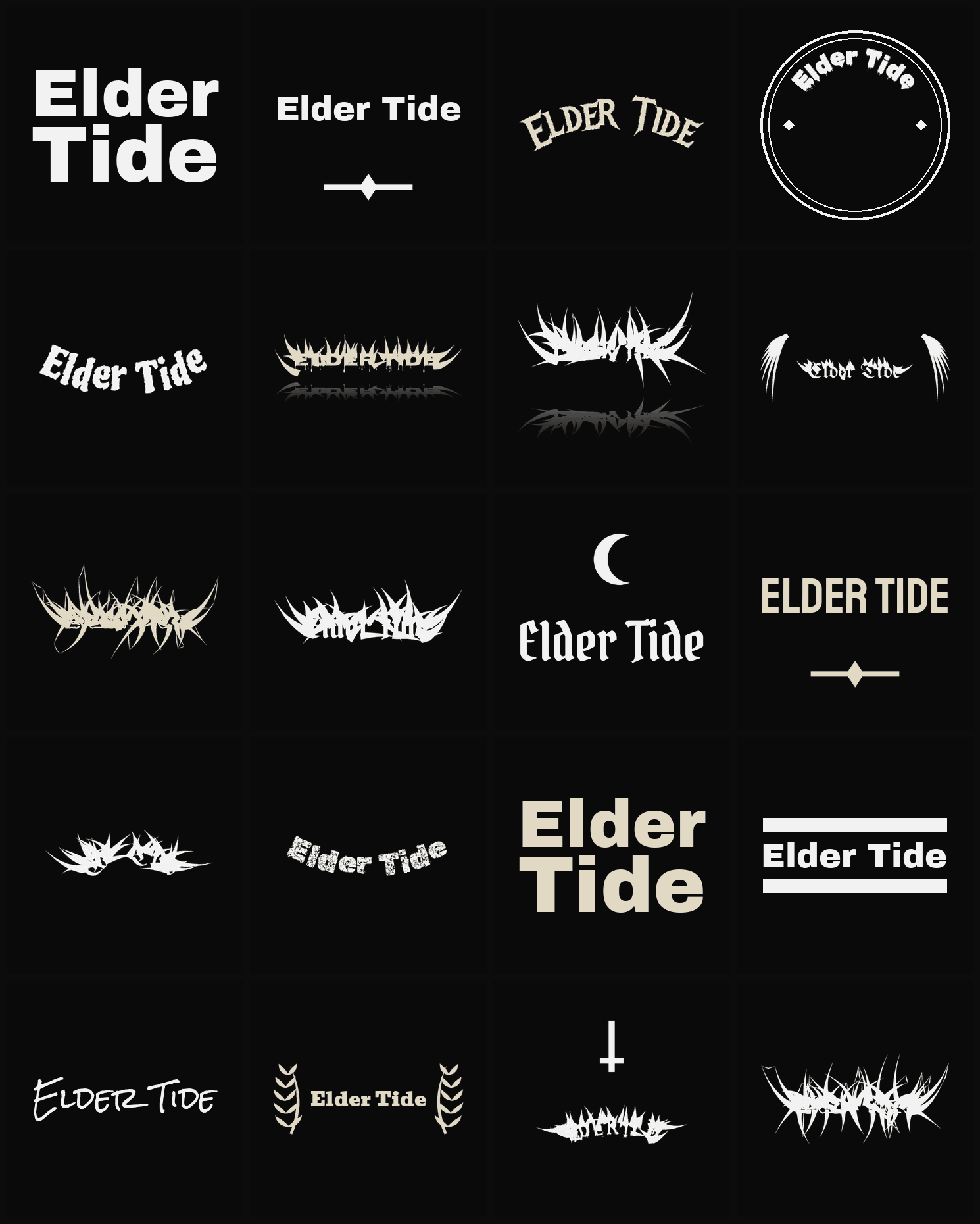 Twenty Elder Tide band logo ideas — different faces, treatments and spike settings