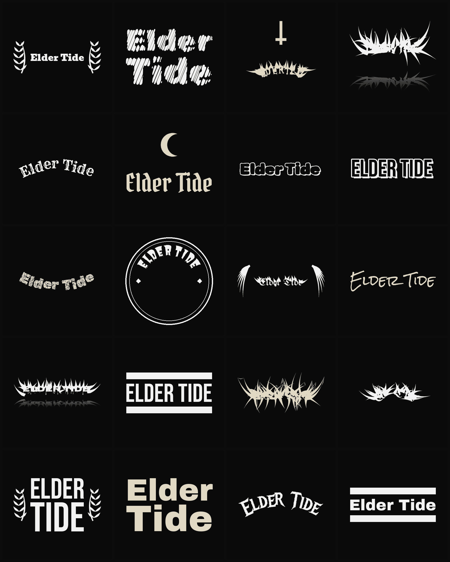 Twenty Elder Tide band logo ideas — different faces, treatments and spike settings