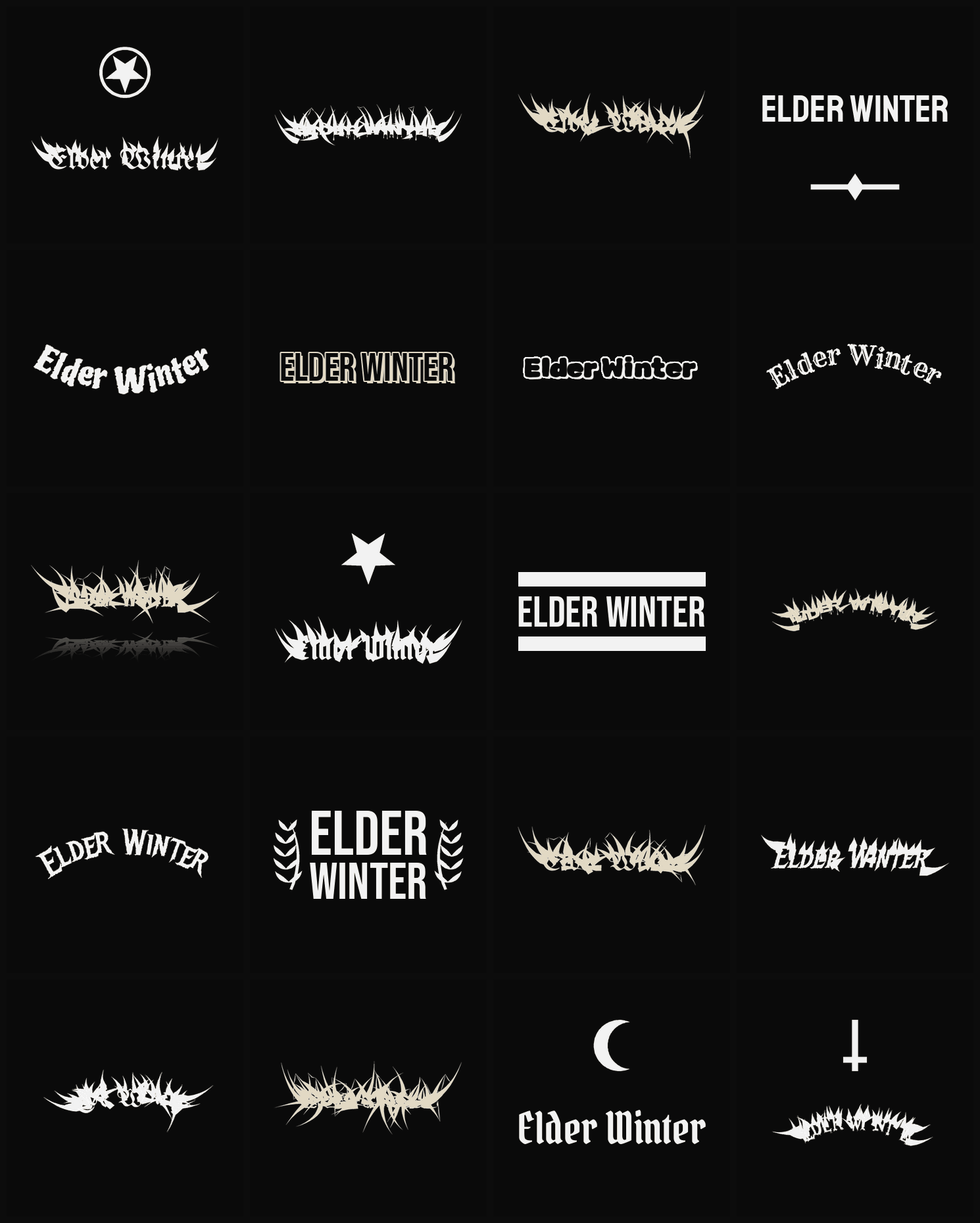 Twenty Elder Winter band logo ideas — different faces, treatments and spike settings