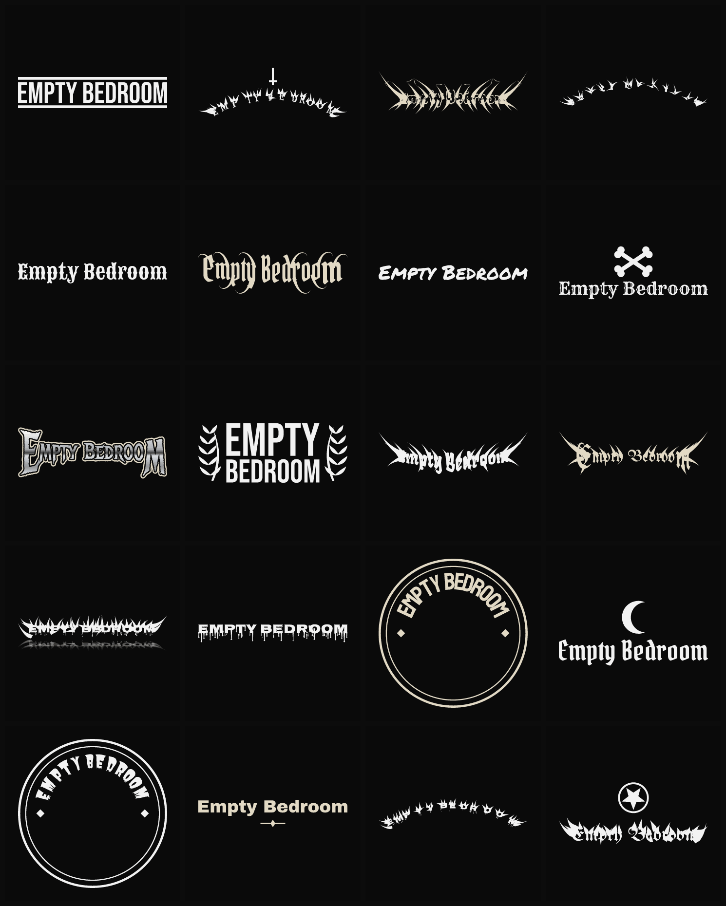 Twenty Empty Bedroom band logo ideas — different faces, treatments and spike settings