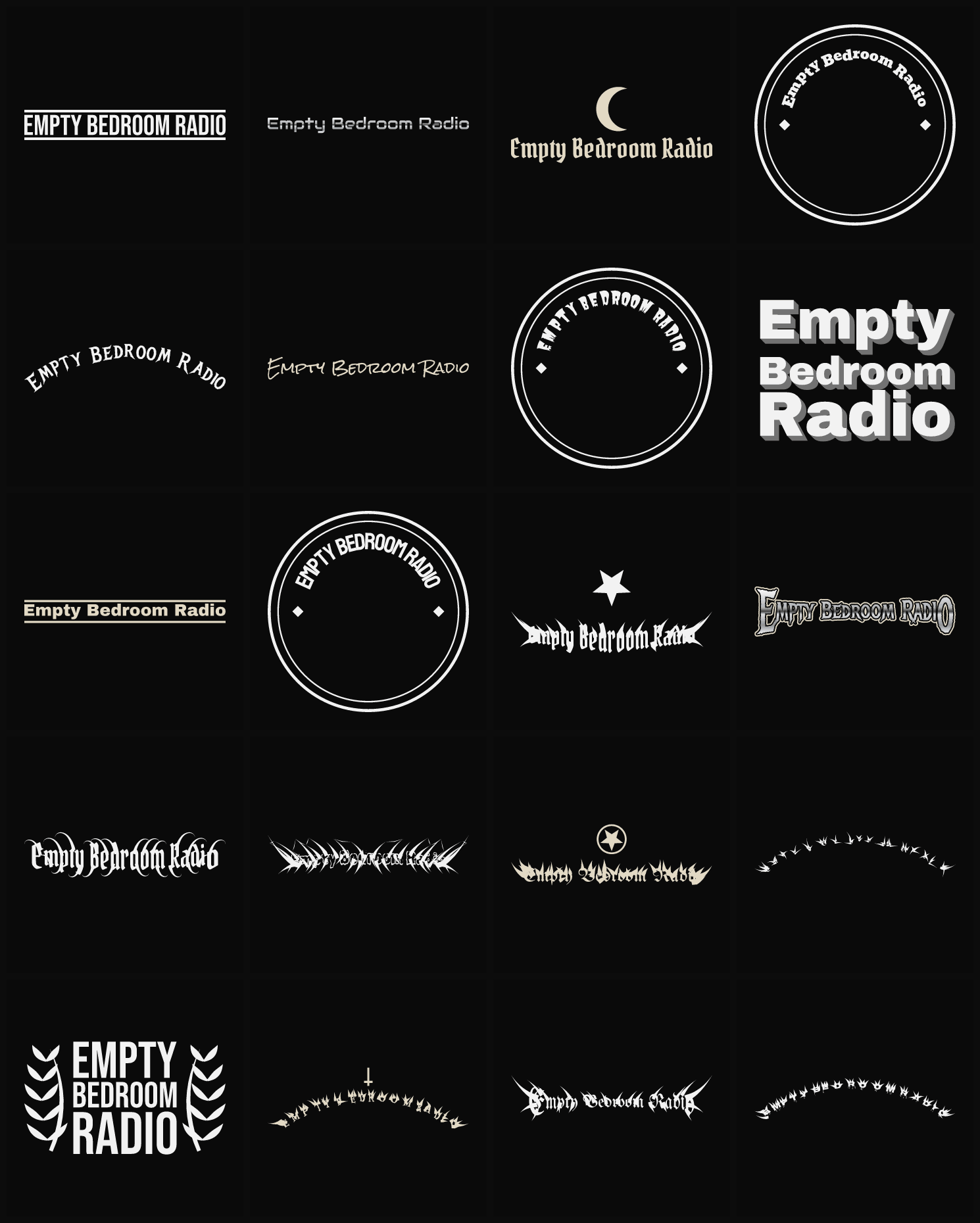 Twenty Empty Bedroom Radio band logo ideas — different faces, treatments and spike settings