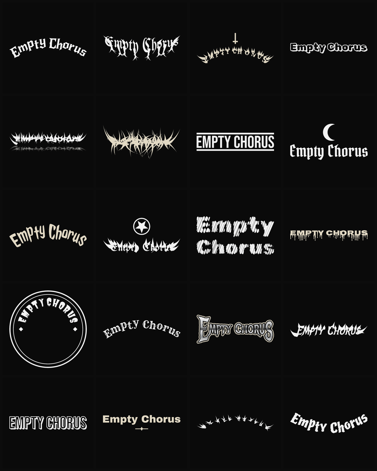 Twenty Empty Chorus band logo ideas — different faces, treatments and spike settings