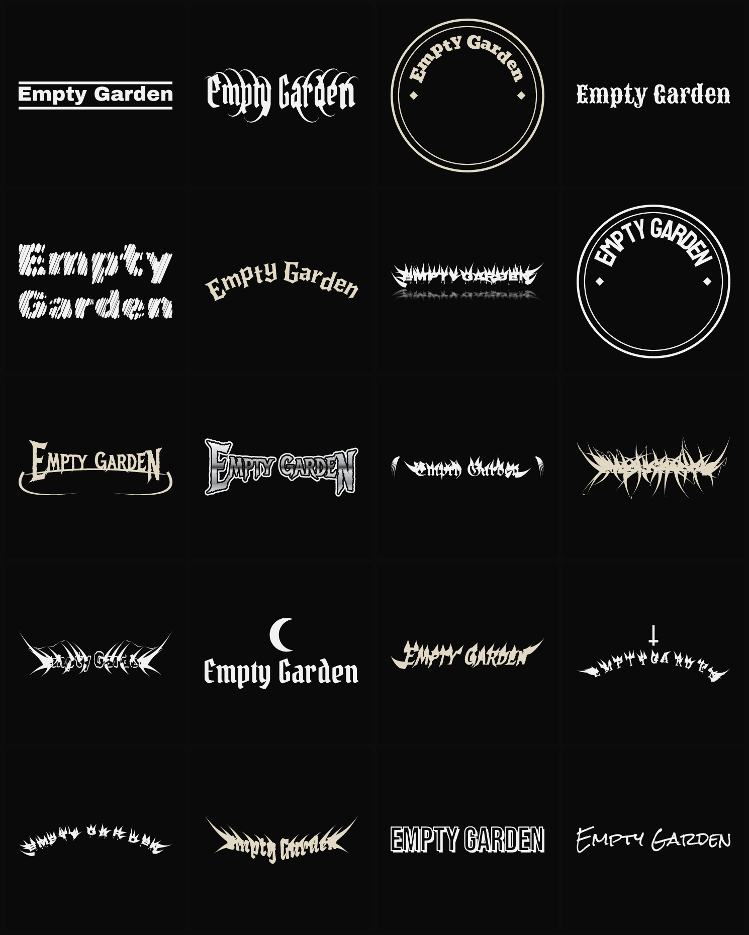 Twenty Empty Garden band logo ideas — different faces, treatments and spike settings