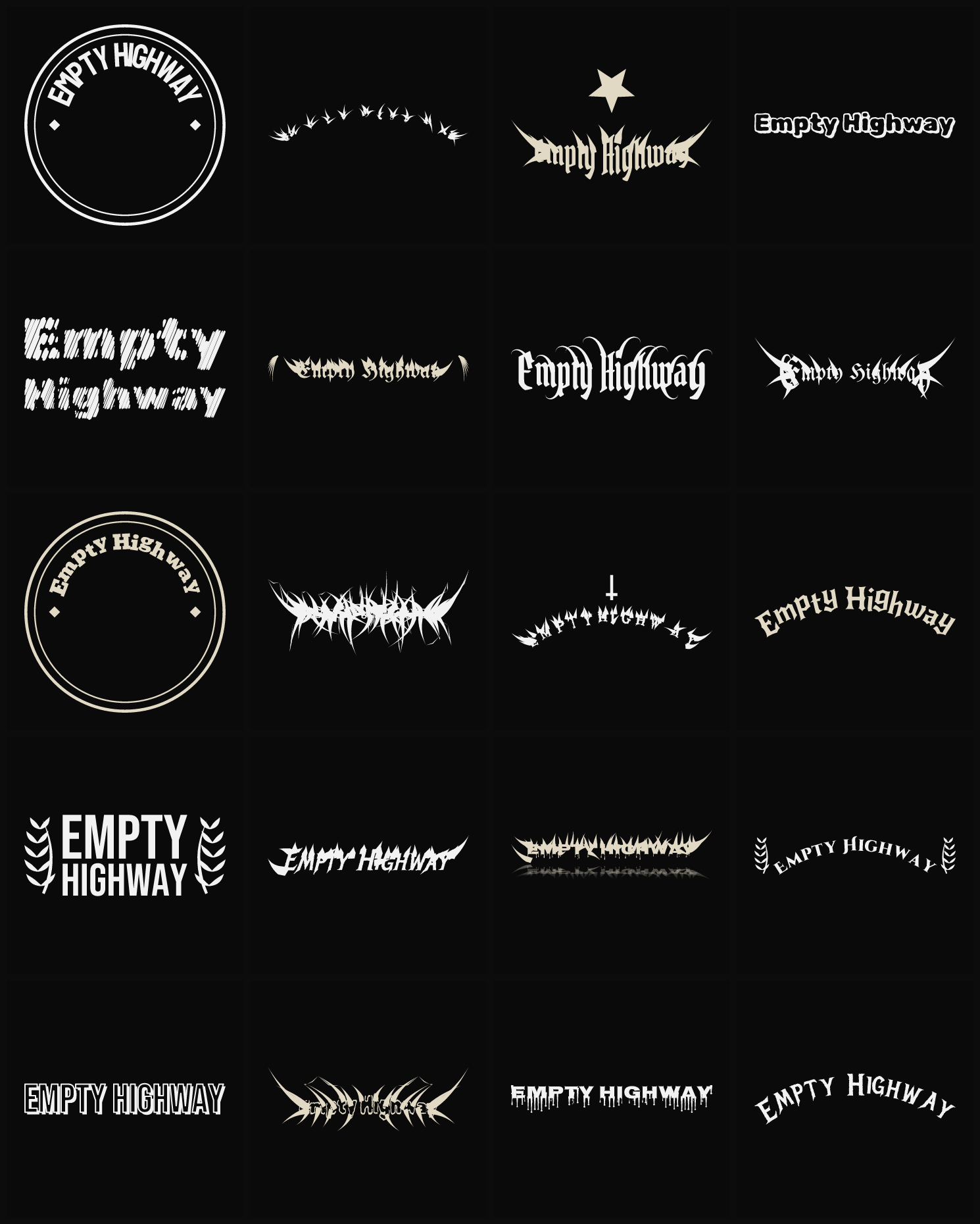 Twenty Empty Highway band logo ideas — different faces, treatments and spike settings