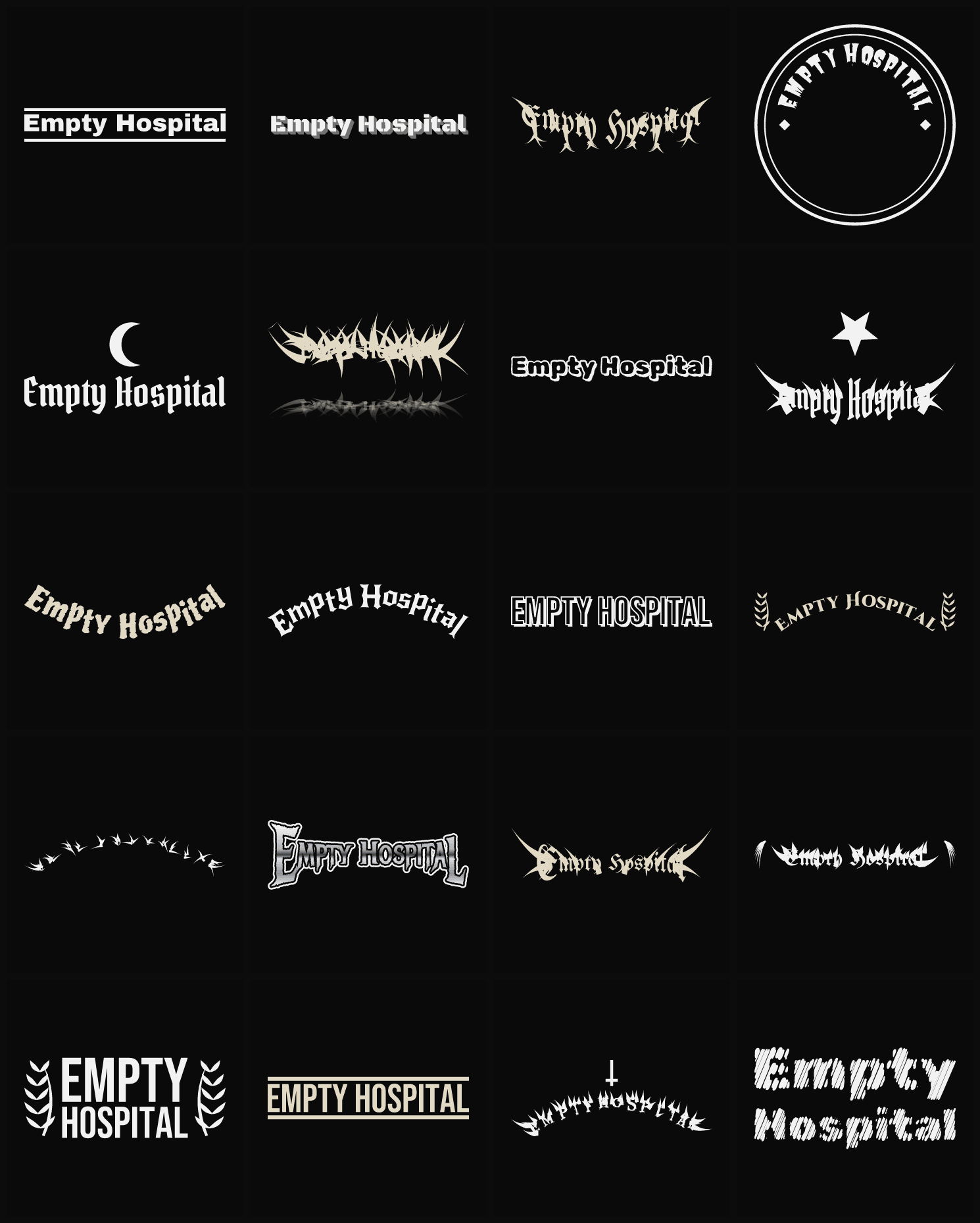 Twenty Empty Hospital band logo ideas — different faces, treatments and spike settings