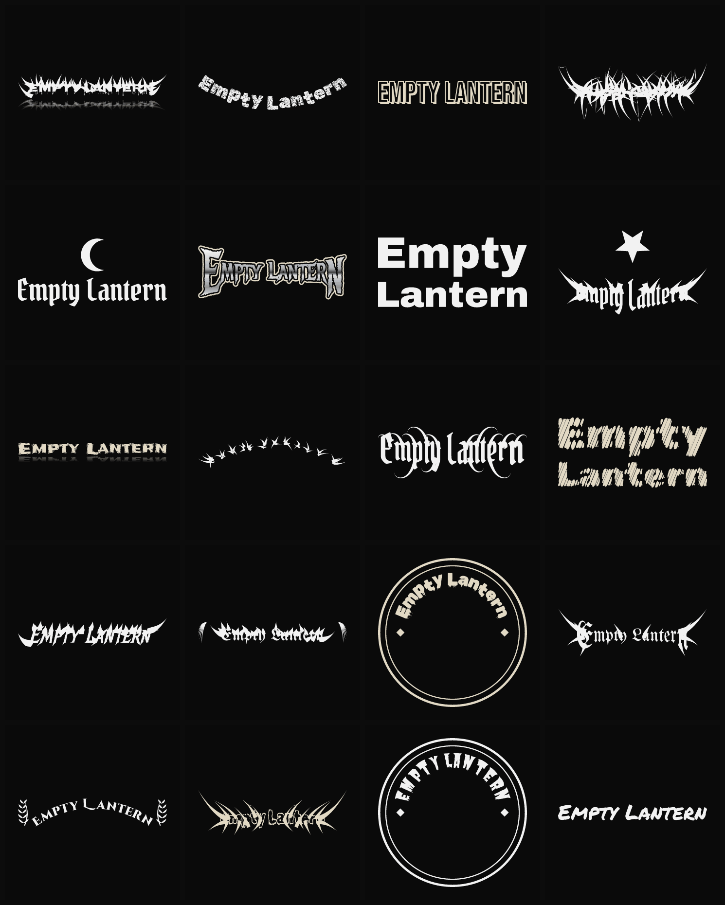 Twenty Empty Lantern band logo ideas — different faces, treatments and spike settings