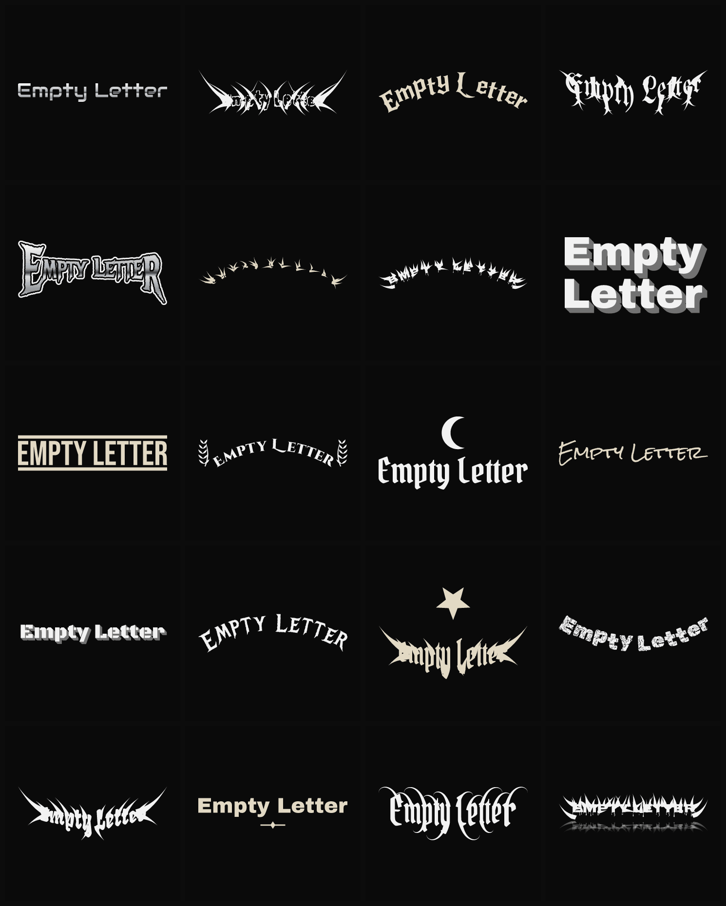 Twenty Empty Letter band logo ideas — different faces, treatments and spike settings