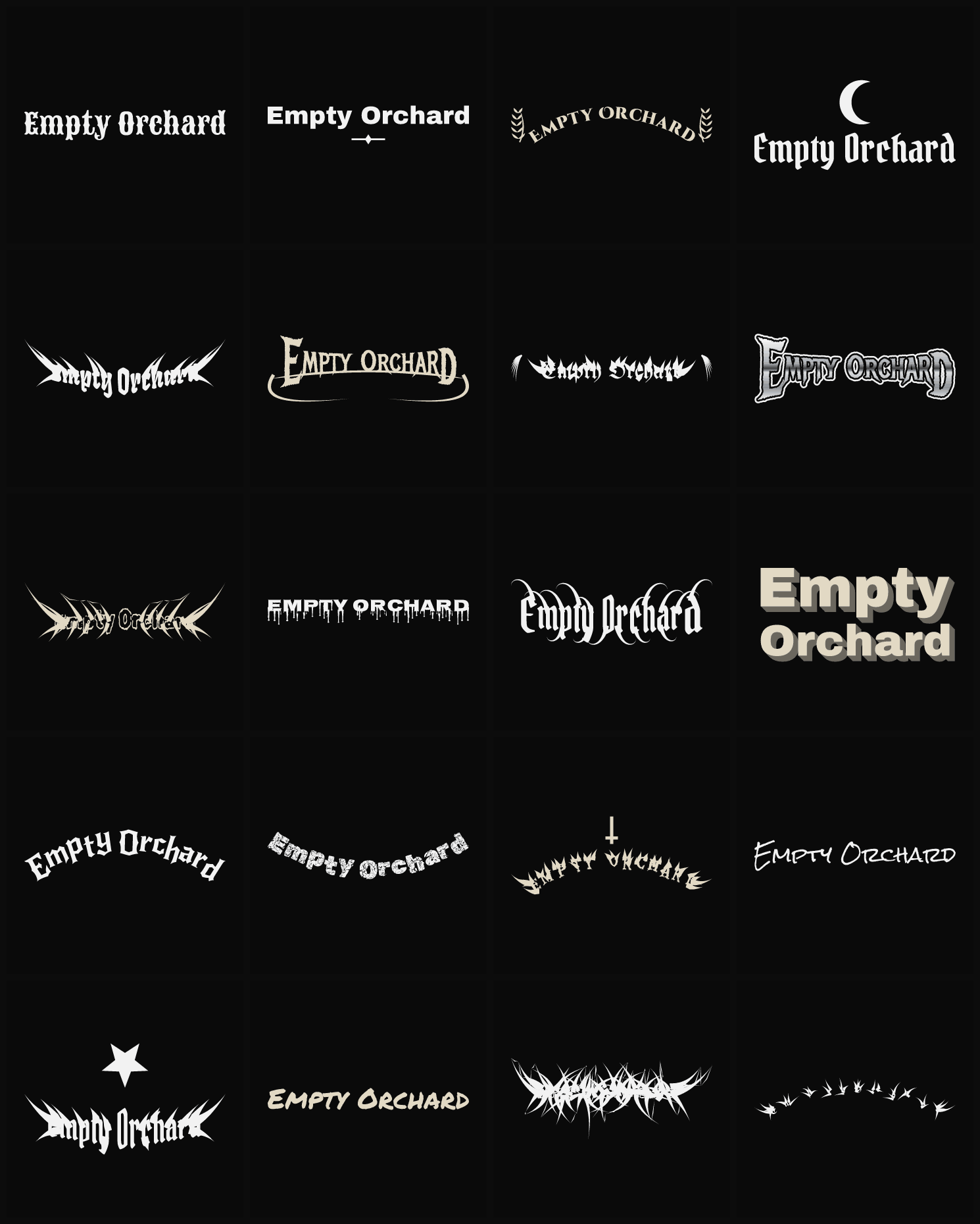 Twenty Empty Orchard band logo ideas — different faces, treatments and spike settings