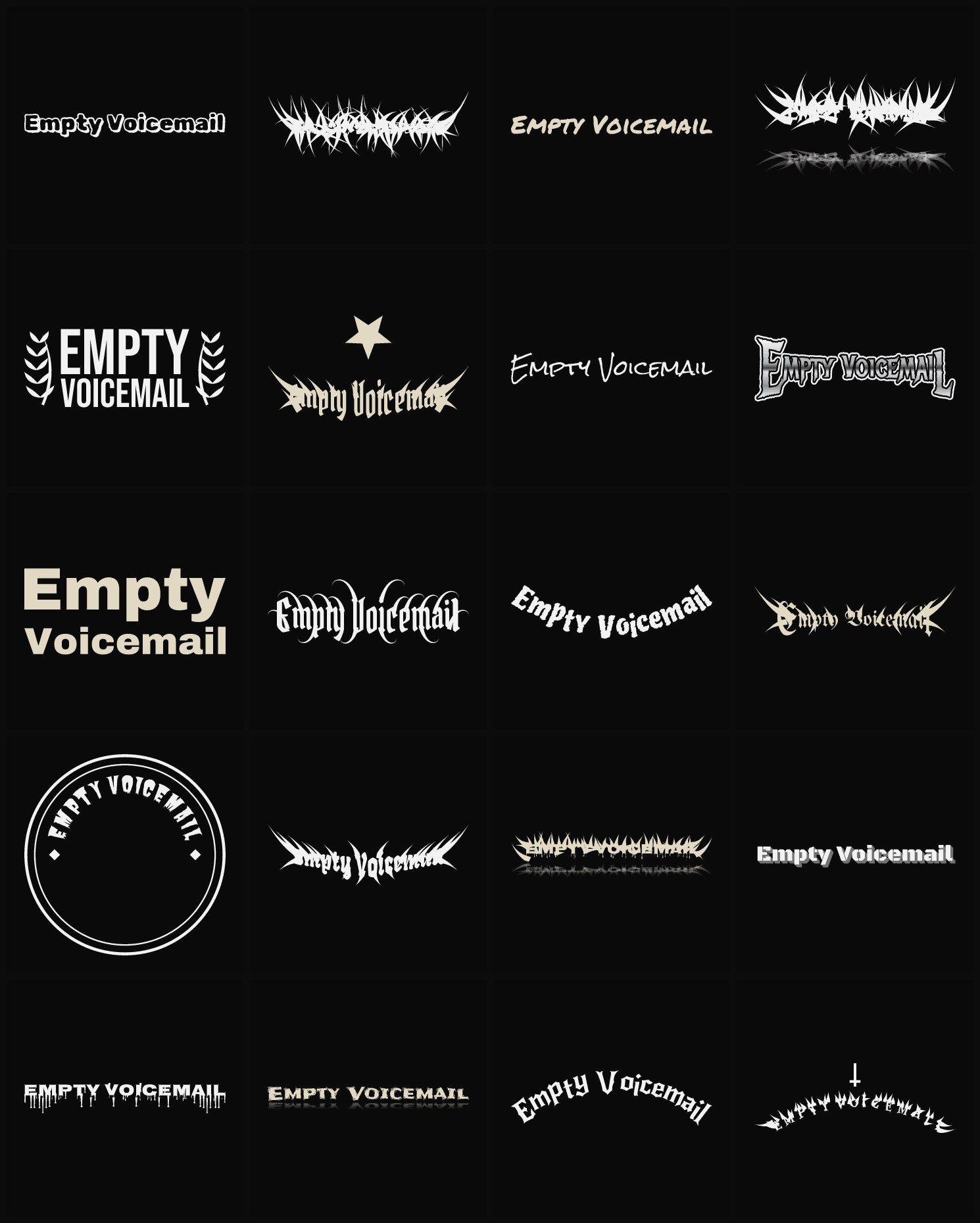 Twenty Empty Voicemail band logo ideas — different faces, treatments and spike settings
