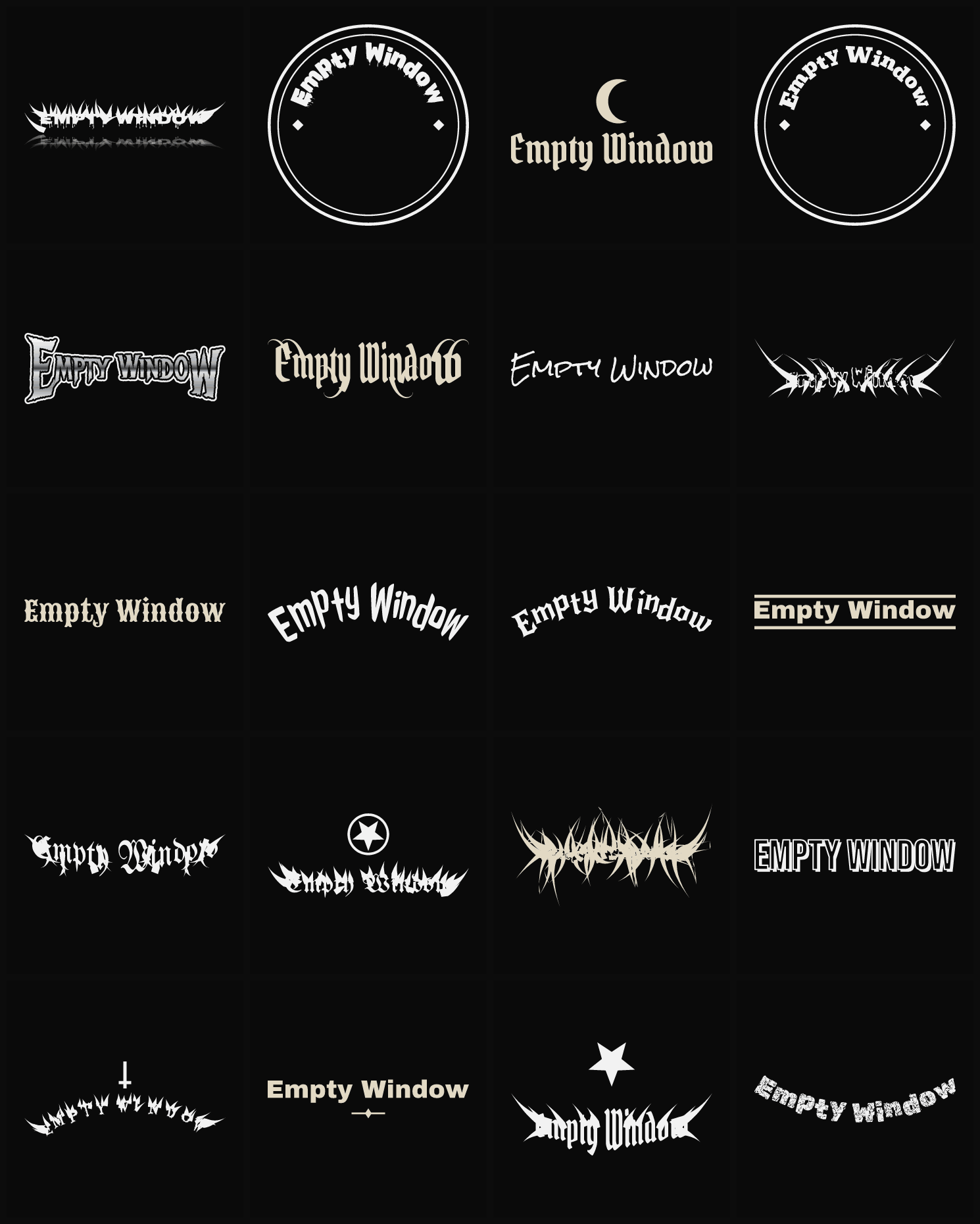 Twenty Empty Window band logo ideas — different faces, treatments and spike settings
