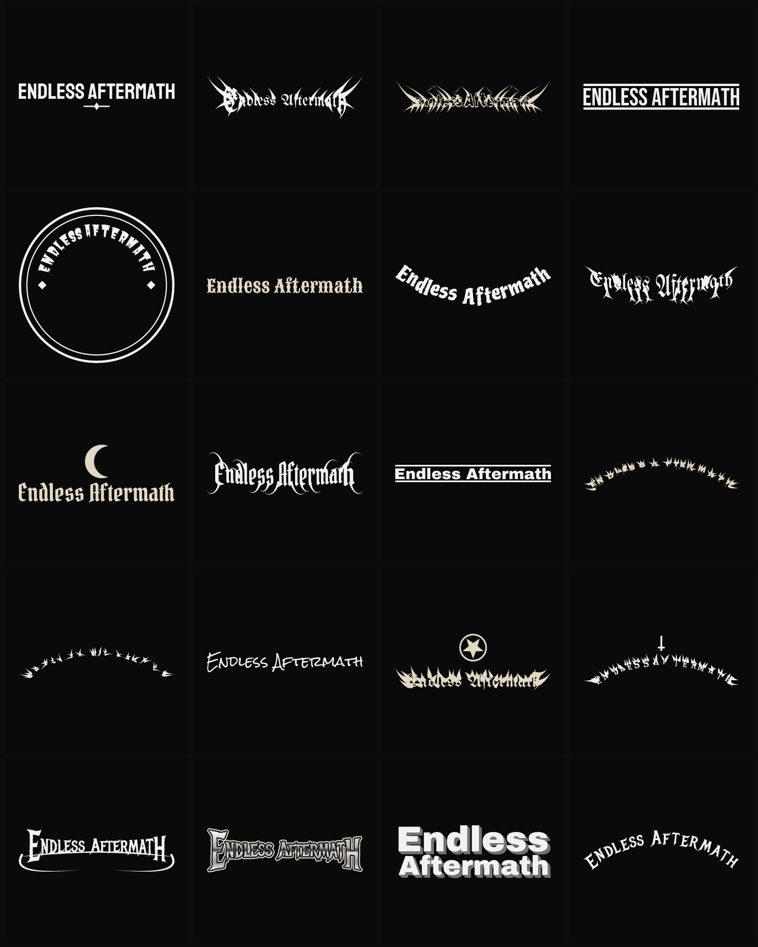 Twenty Endless Aftermath band logo ideas — different faces, treatments and spike settings