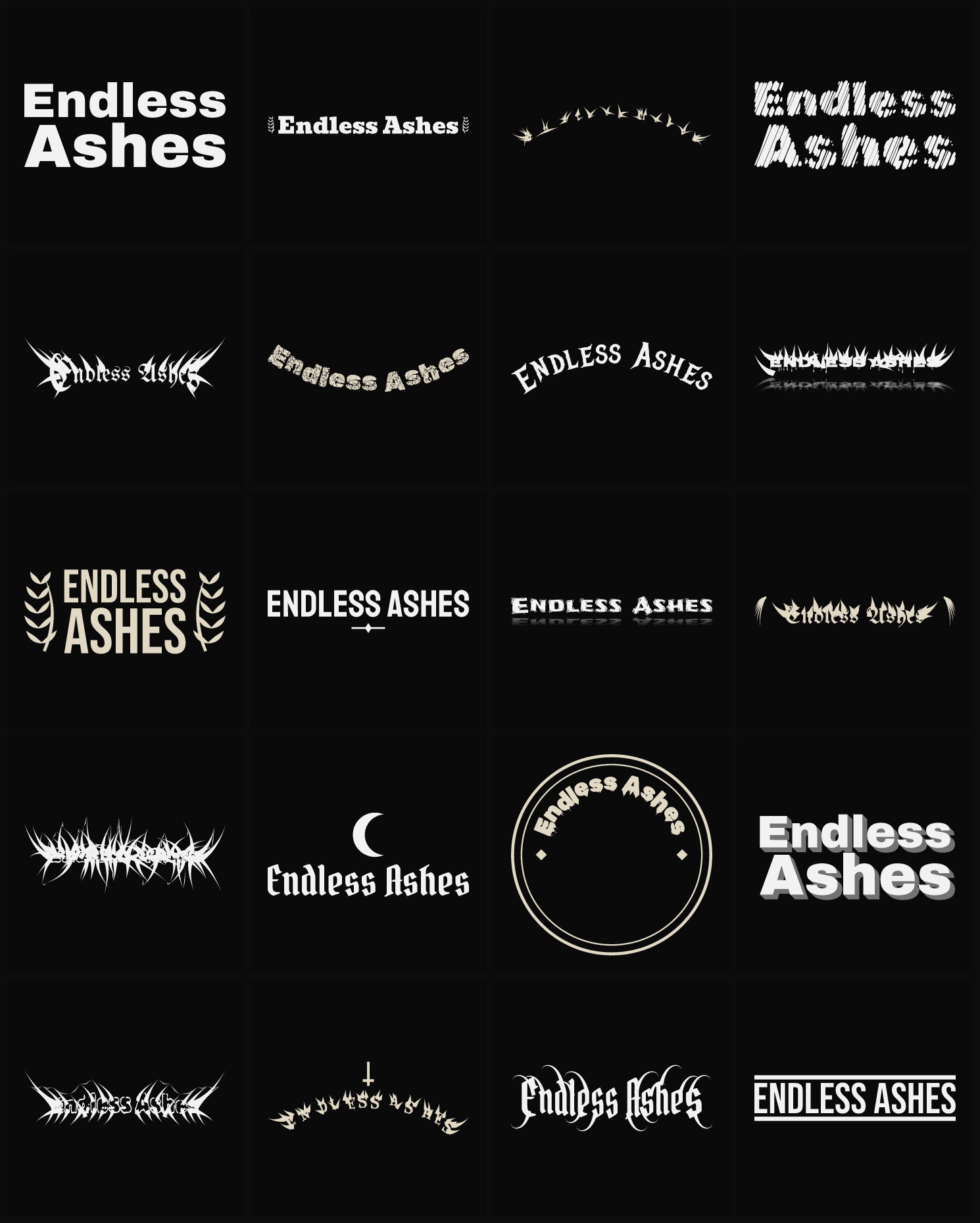 Twenty Endless Ashes band logo ideas — different faces, treatments and spike settings