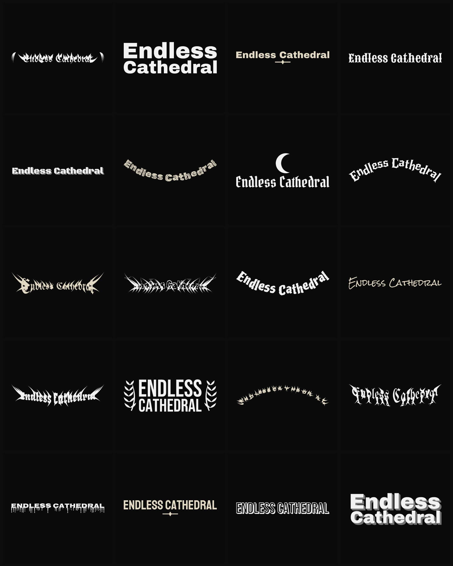 Twenty Endless Cathedral band logo ideas — different faces, treatments and spike settings
